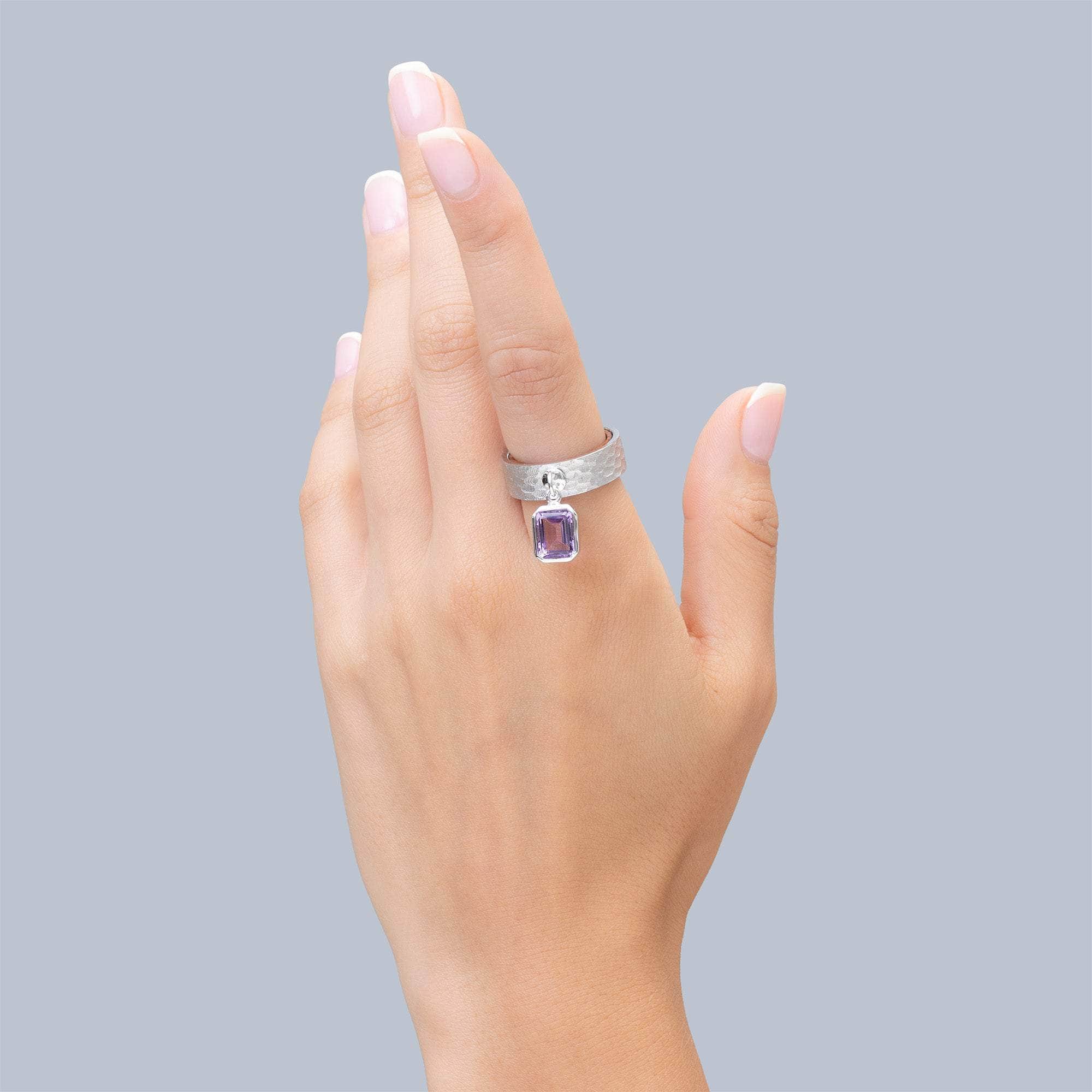 Aurae Silver & Rosewood Textured Ring with Suspended Amethyst Gemstone