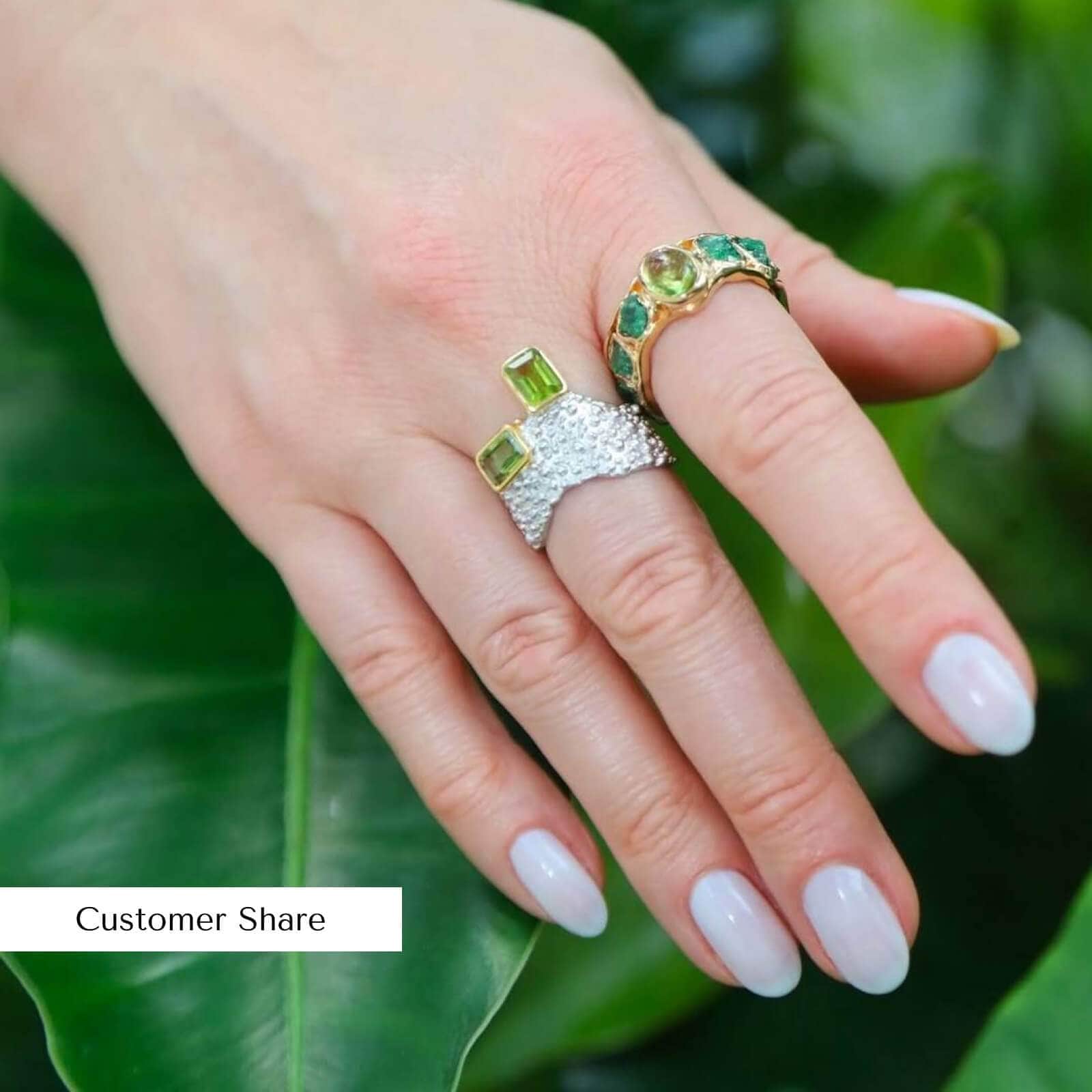 Aviv Asymmetric Unisex Textured Silver Ring with Natural Octagon-Cut Peridots (White Rhodium & Gold-Plated)