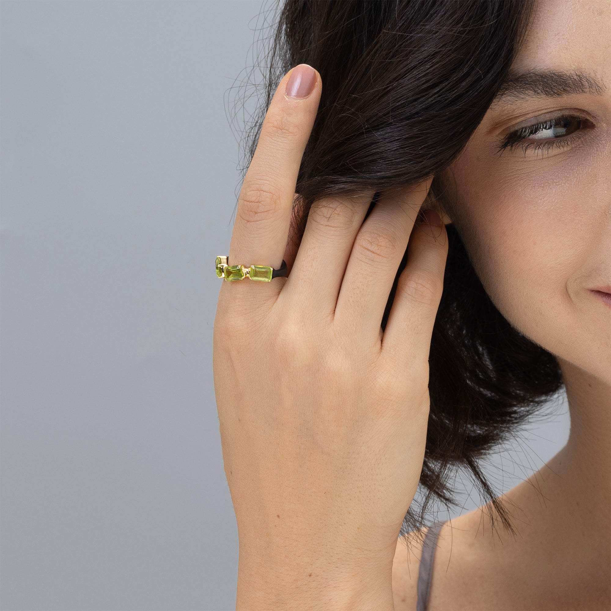 Bahar Triple Peridot 925 Silver Ring Plated with 18K Gold & Anthracite