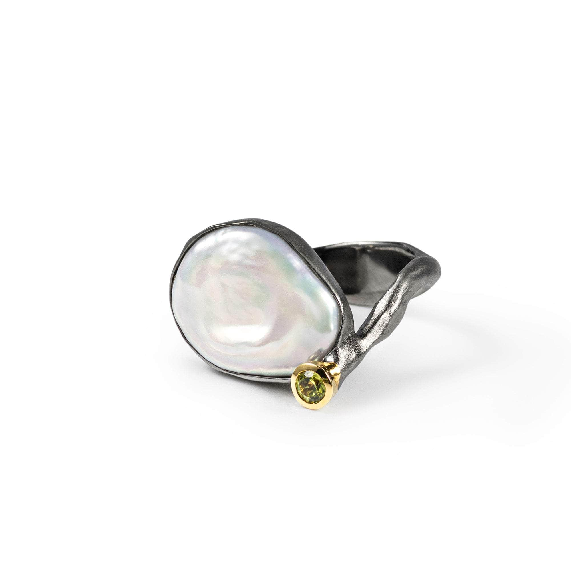 Beyaz Baroque Pearl and Peridot and Orange Sapphire Ring (Black Rhodium, Gold 18K) GERMAN KABIRSKI