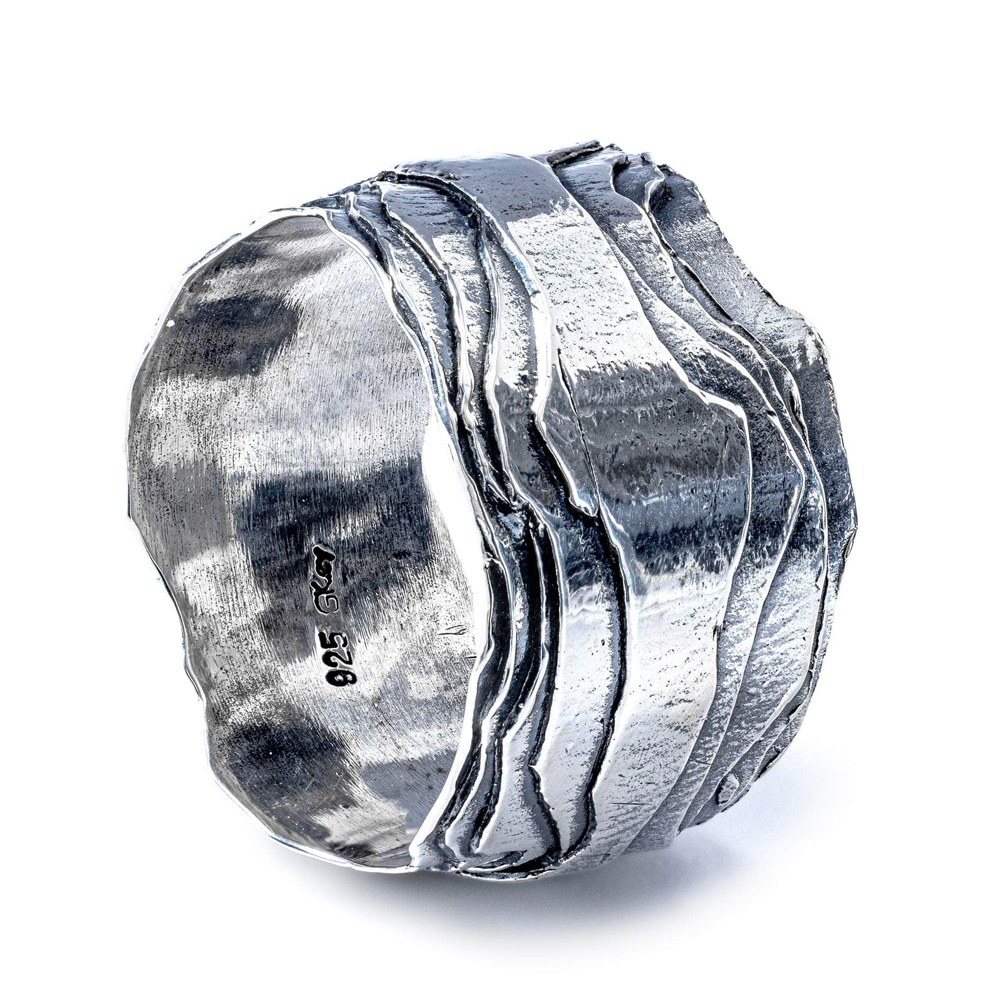 Brocante Oxidized 925 Silver Ring with Shiny Layered Texture