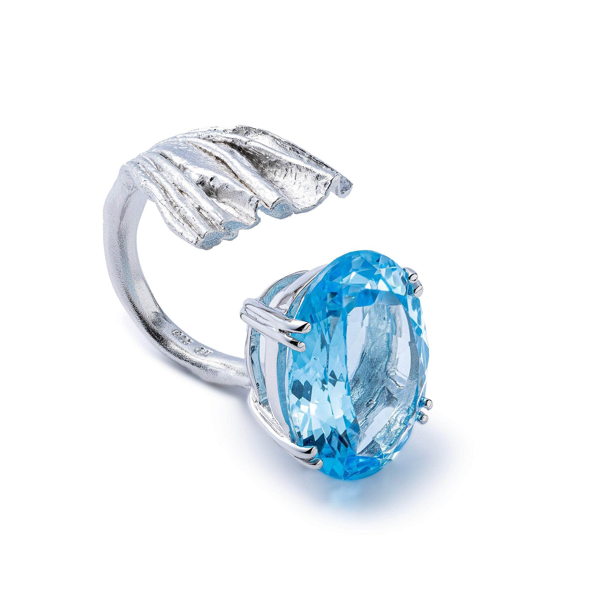 Caelum 925 Silver Textured Open Ring with Natural Oval-cut Blue Topaz