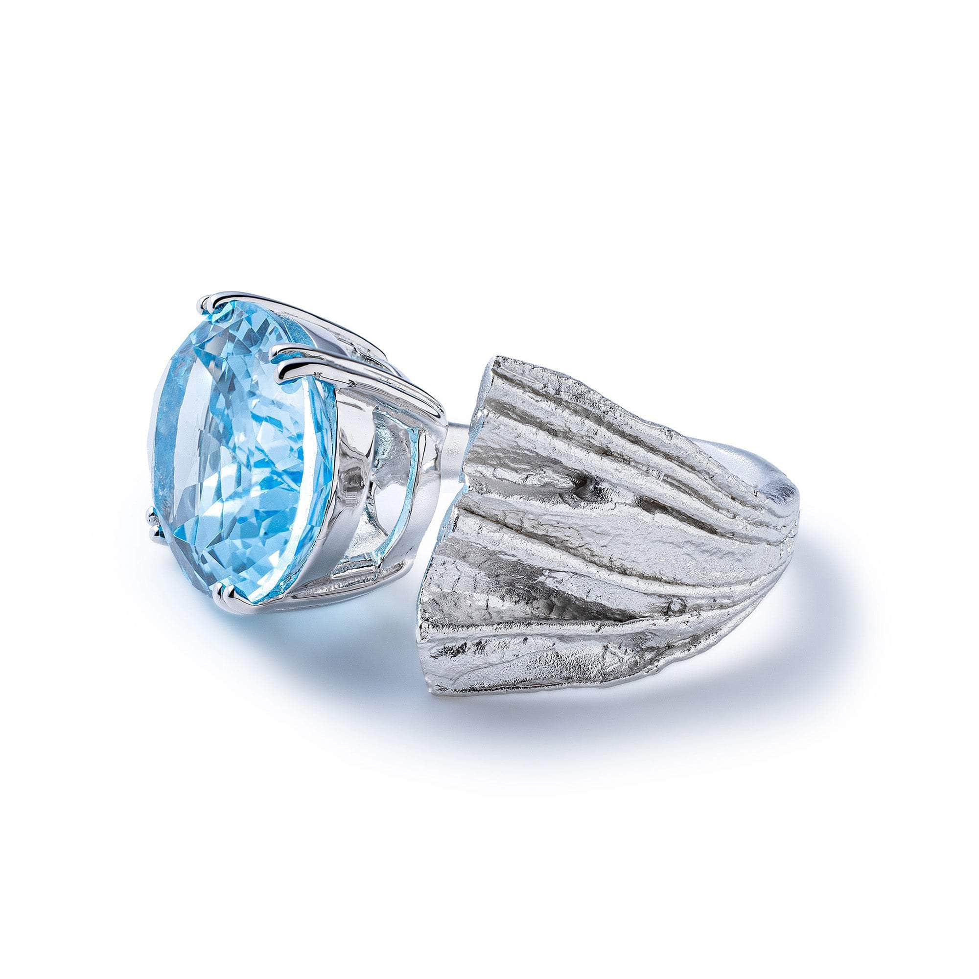 Caelum 925 Silver Textured Open Ring with Natural Oval-cut Blue Topaz