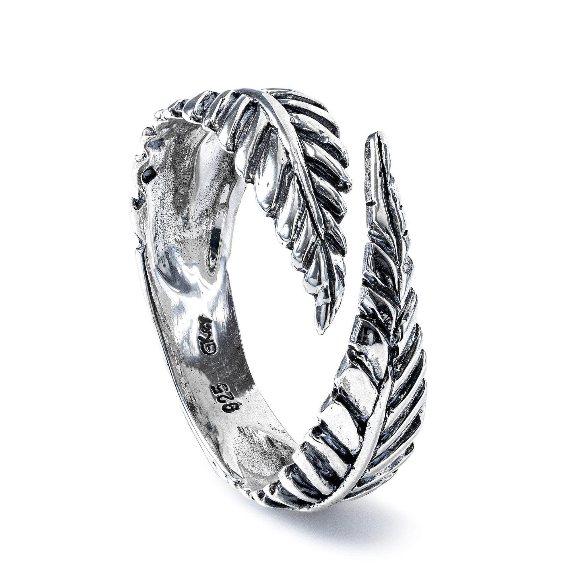 Calyx Unisex Oxidized Silver Open Ring with Fern-Inspired Design
