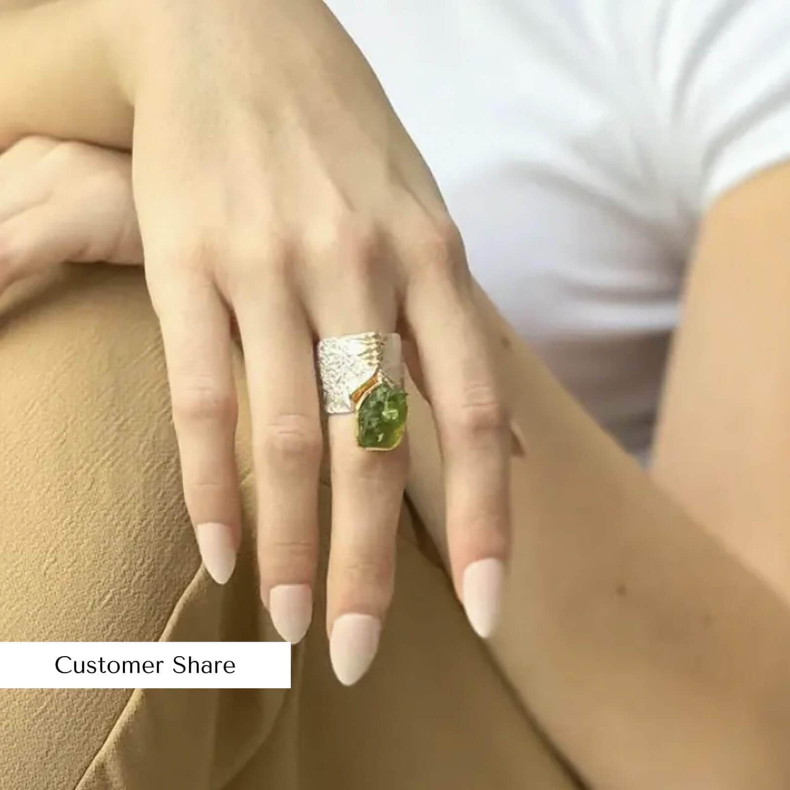 Corliss Handmade Designer Ring with Natural Raw Peridot in 925 Silver (White Rhodium and 18K Gold Plated)