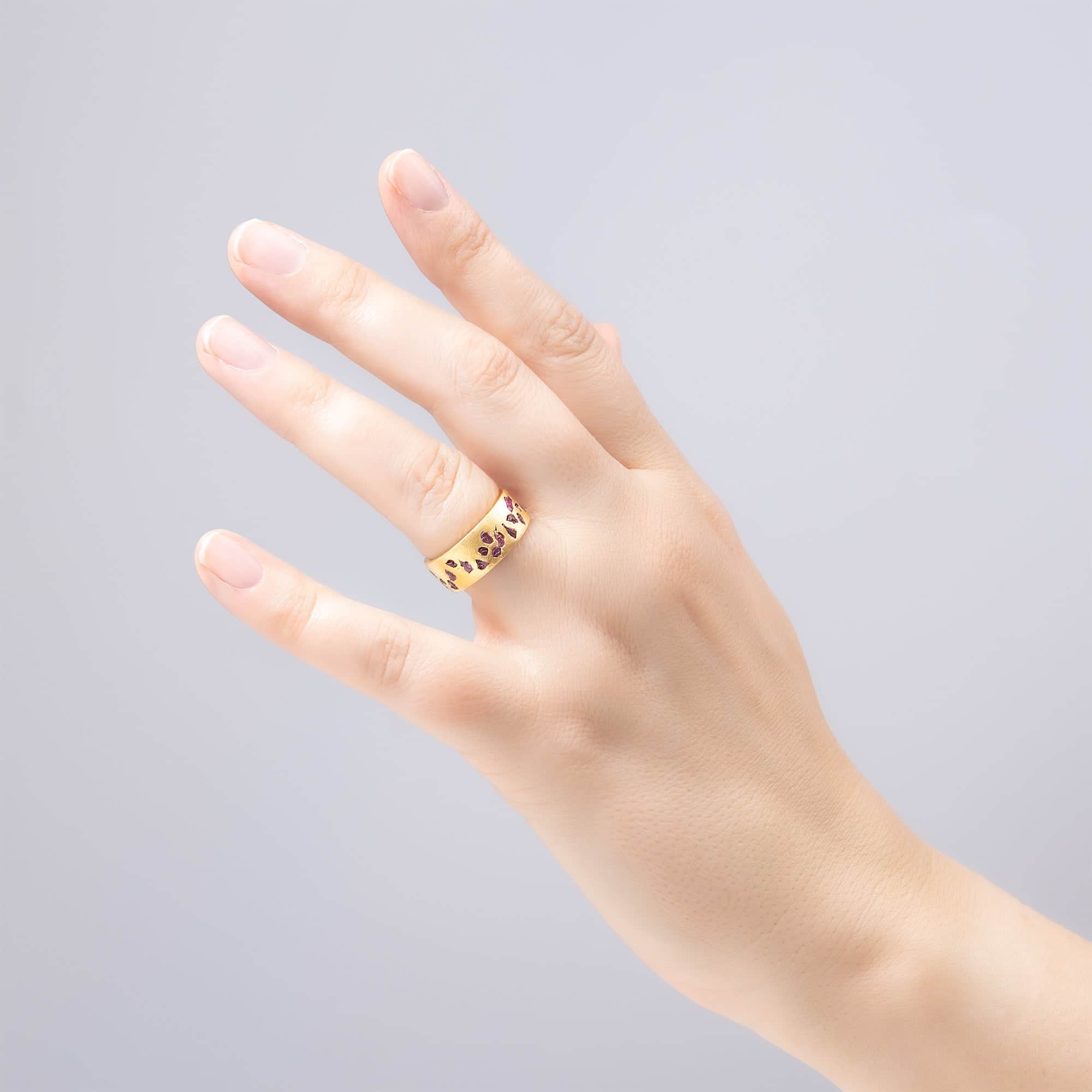 Cyrene Handmade Ring with Raw Ruby Crystals Fused into the 14K Gold Plated Sterling Silver Band