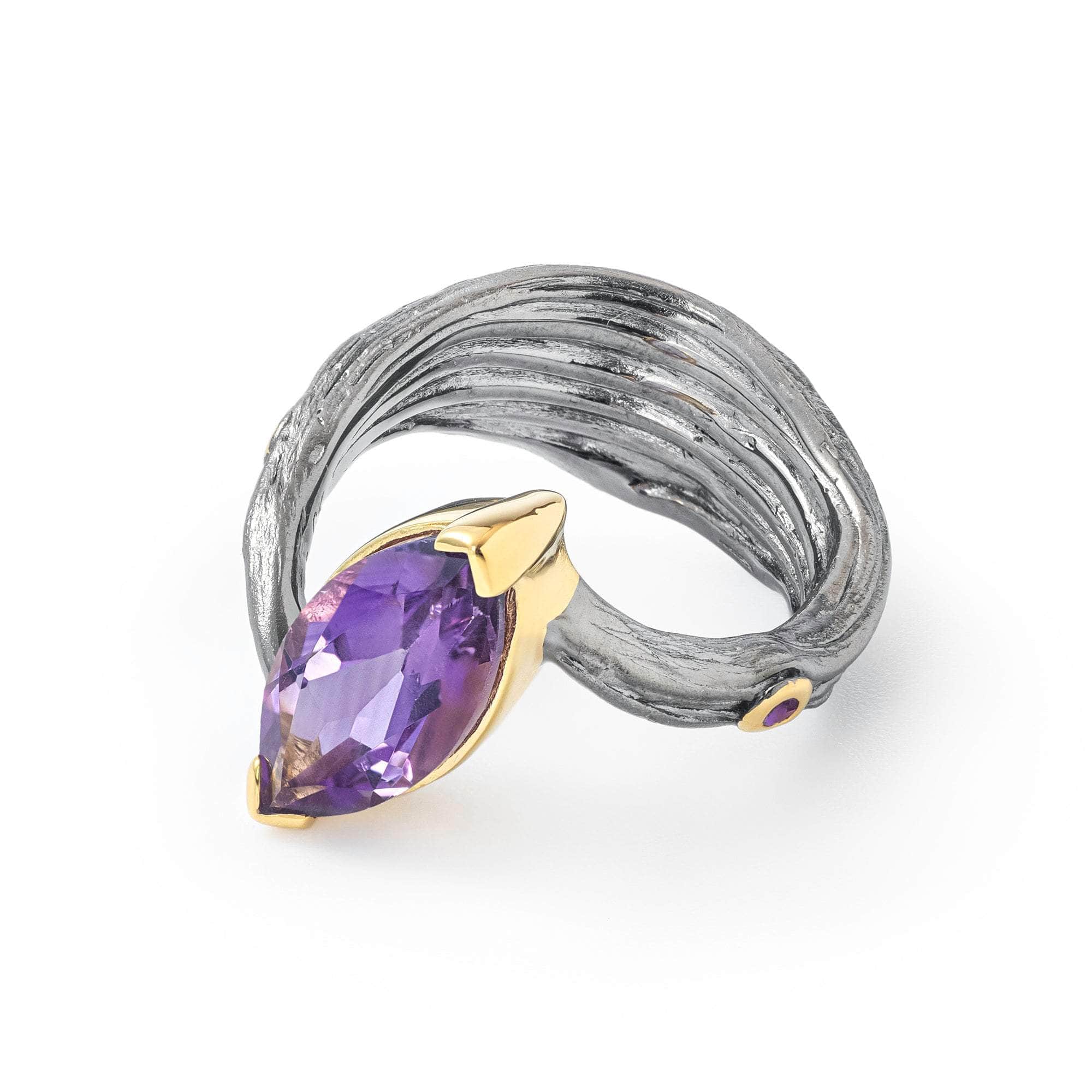 Dewi Iconic Design Natural Amethyst Silver Ring in Black Rhodium and 18K Gold