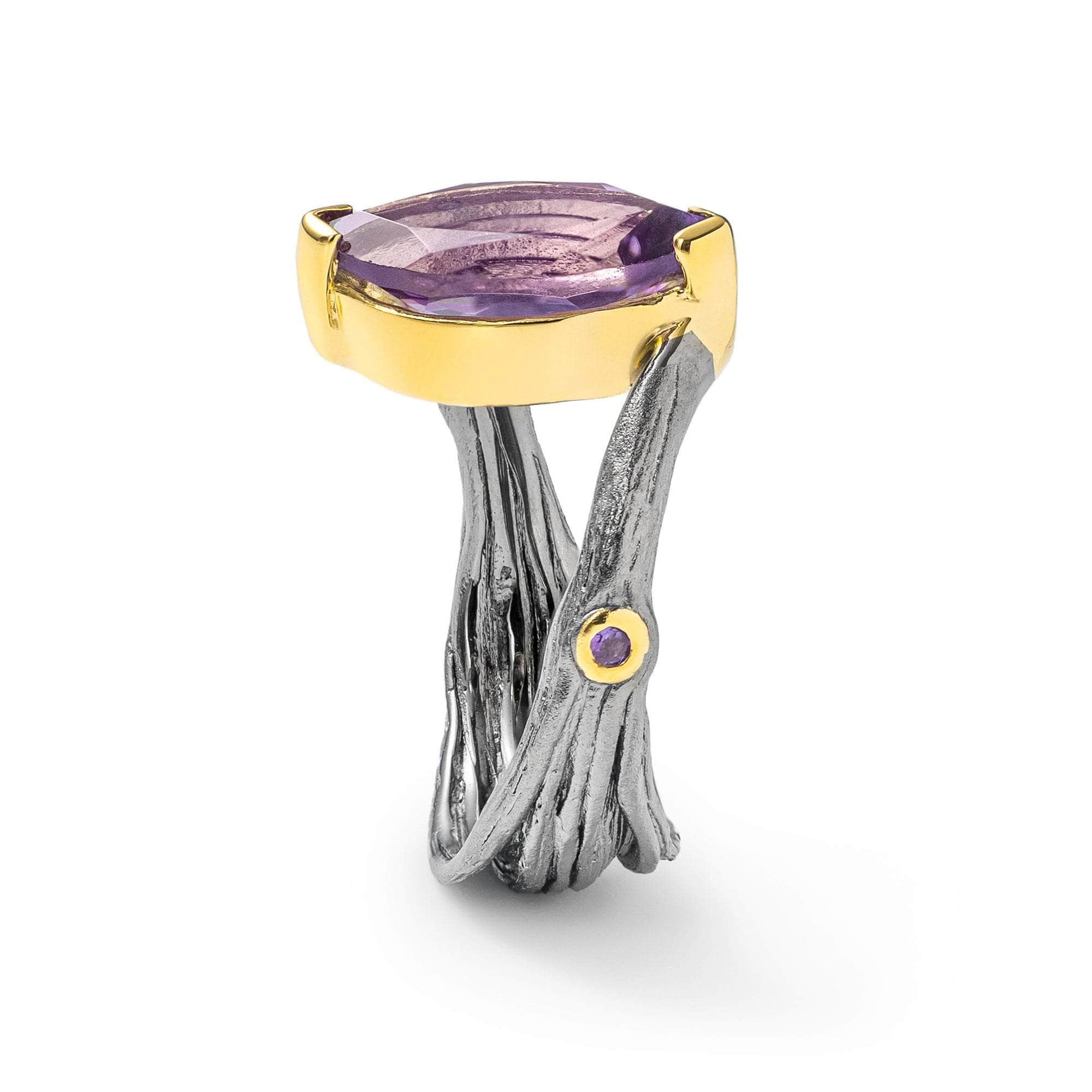 Dewi Iconic Design Natural Amethyst Silver Ring in Black Rhodium and 18K Gold