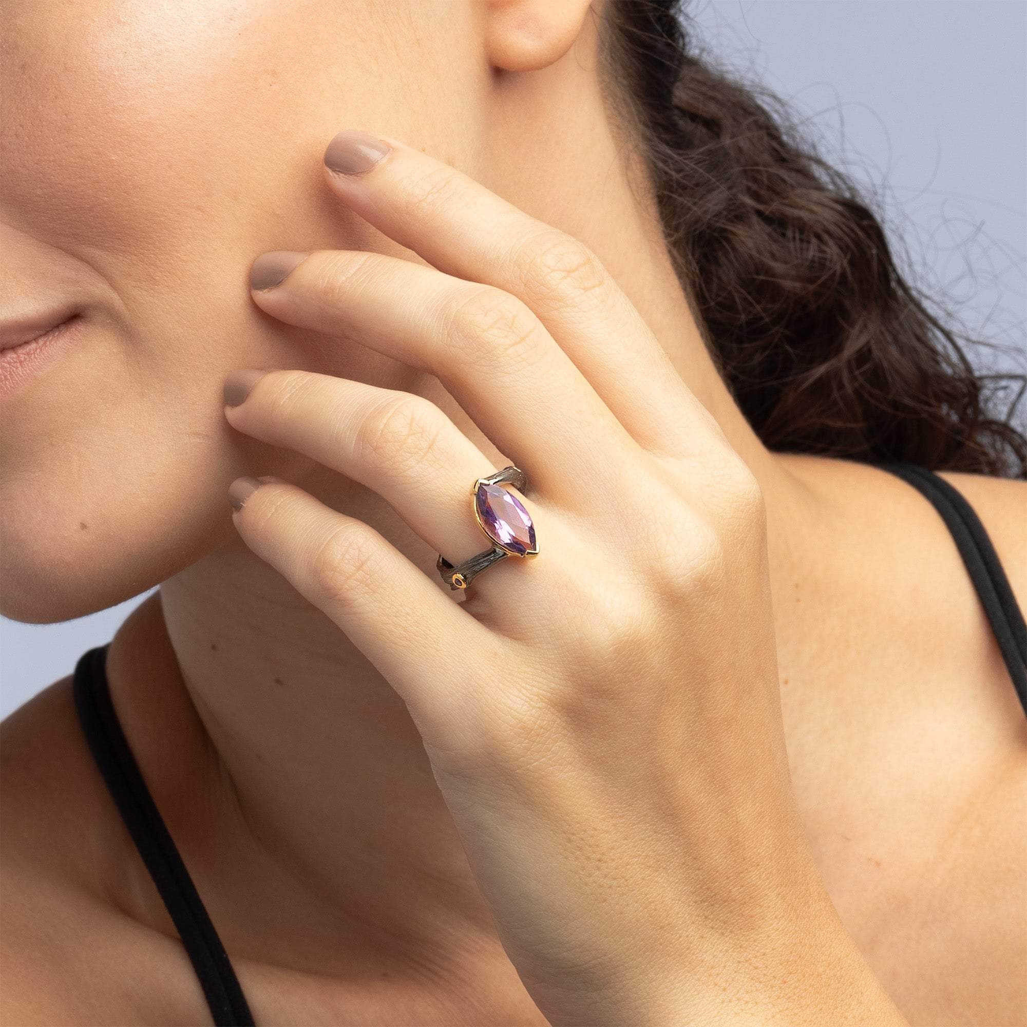 Dewi Iconic Design Natural Amethyst Silver Ring in Black Rhodium and 18K Gold