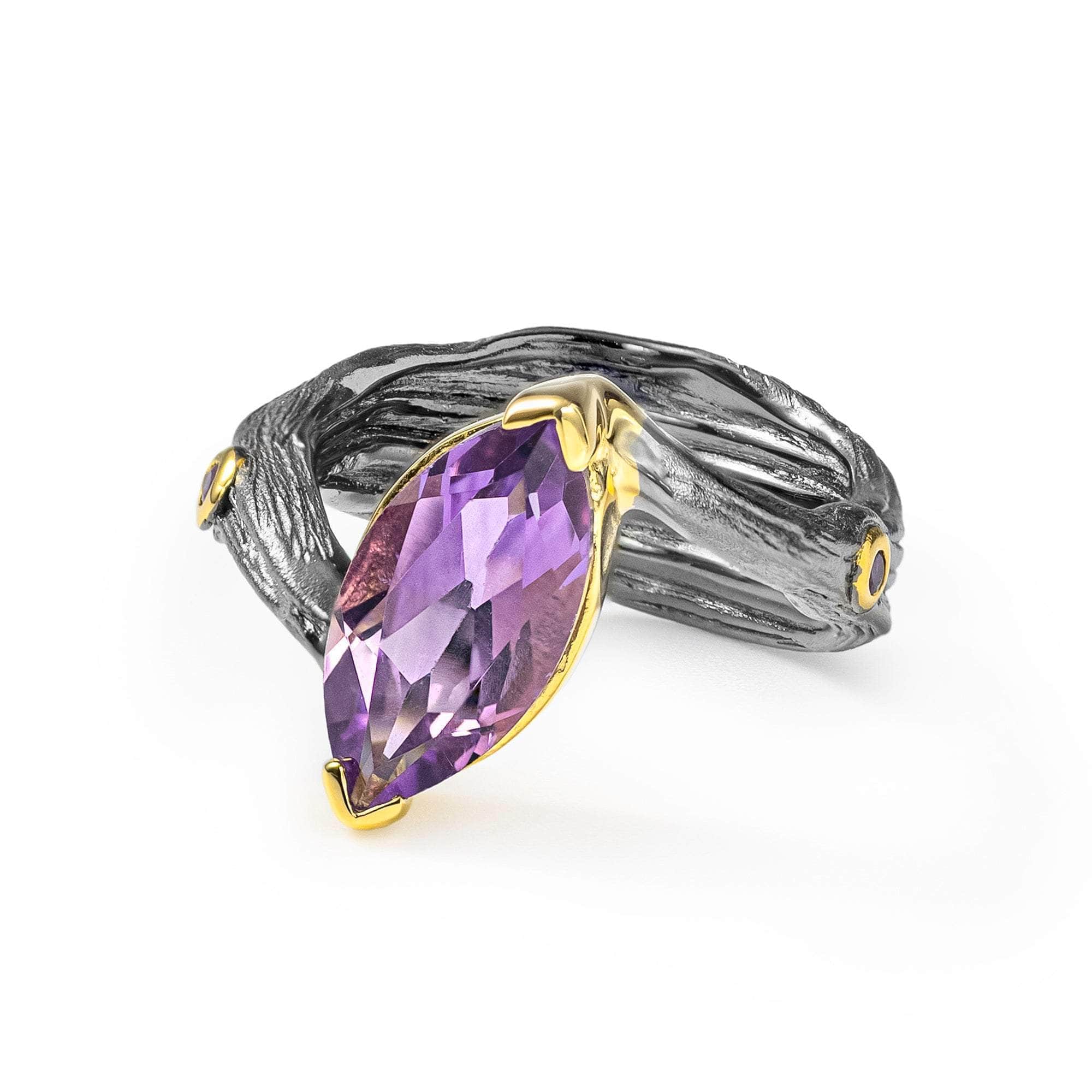 Dewi Iconic Design Natural Amethyst Silver Ring in Black Rhodium and 18K Gold