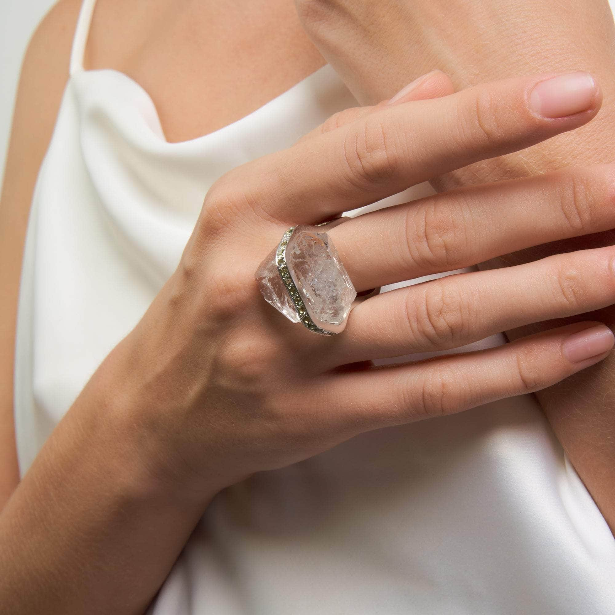 Diya Rough Quartz and Green Sapphire Ring GERMAN KABIRSKI