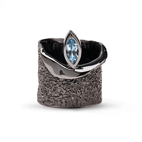 Eartha Iconic Design Blue Topaz Silver Ring in Black Rhodium