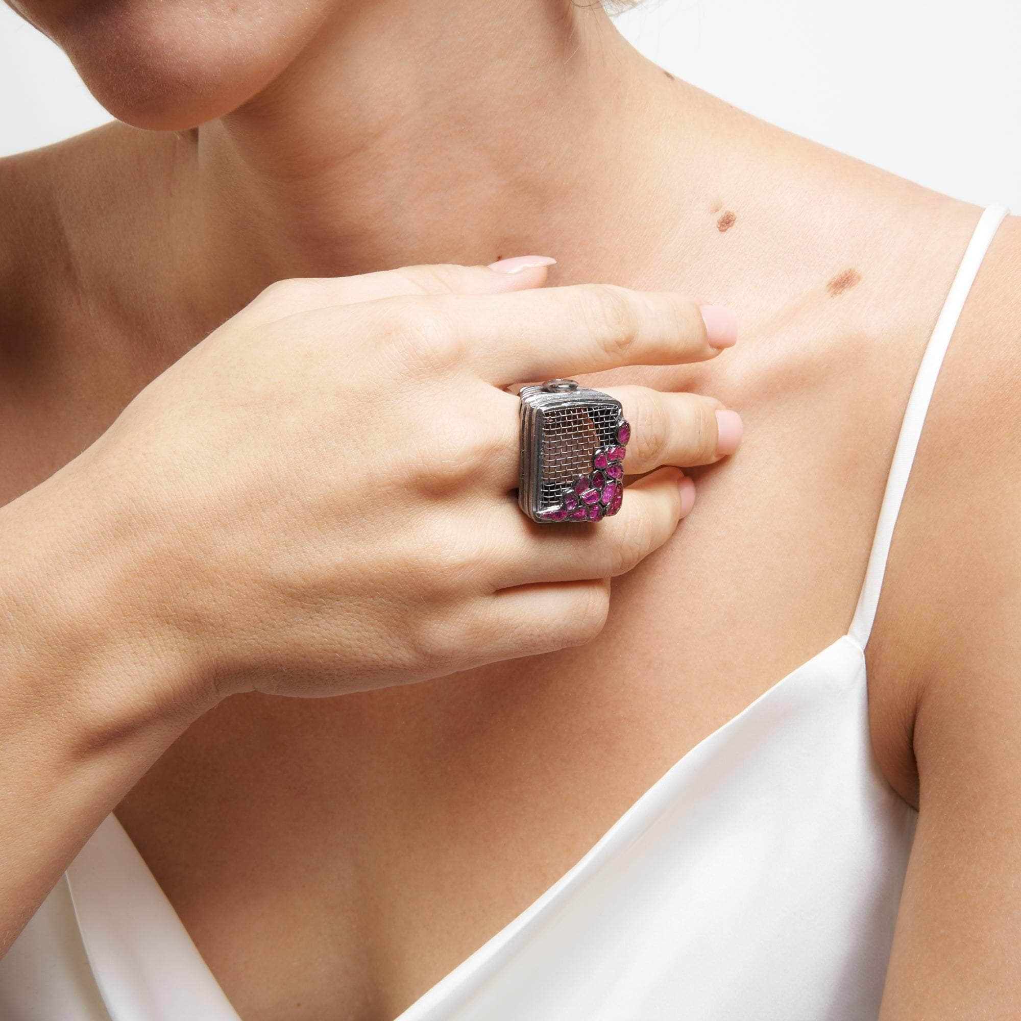 Delphi Blue Sapphire and Rough Ruby Ring GERMAN KABIRSKI