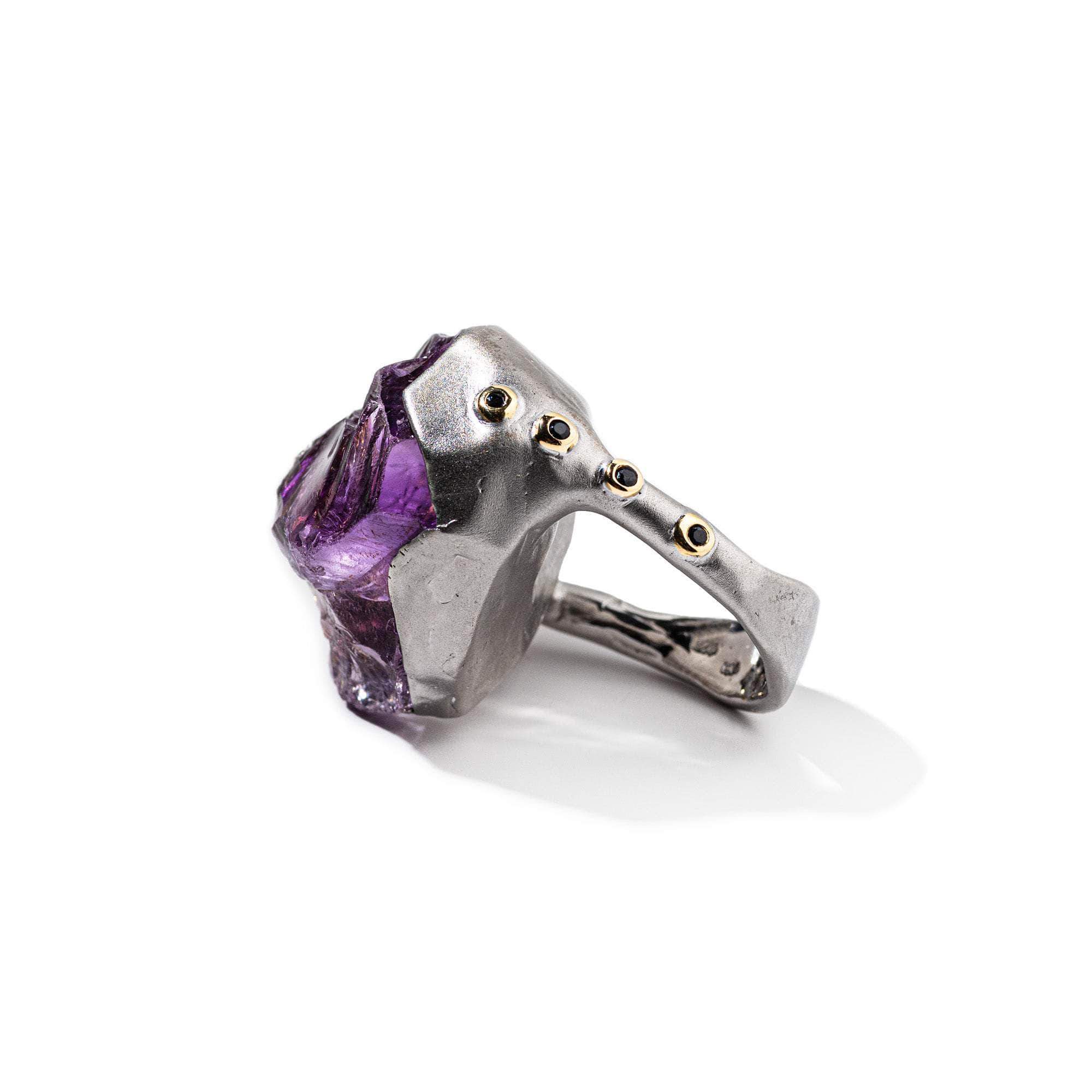 Kamen Rough Amethyst and Amethyst and Black Spinel Ring GERMAN KABIRSKI