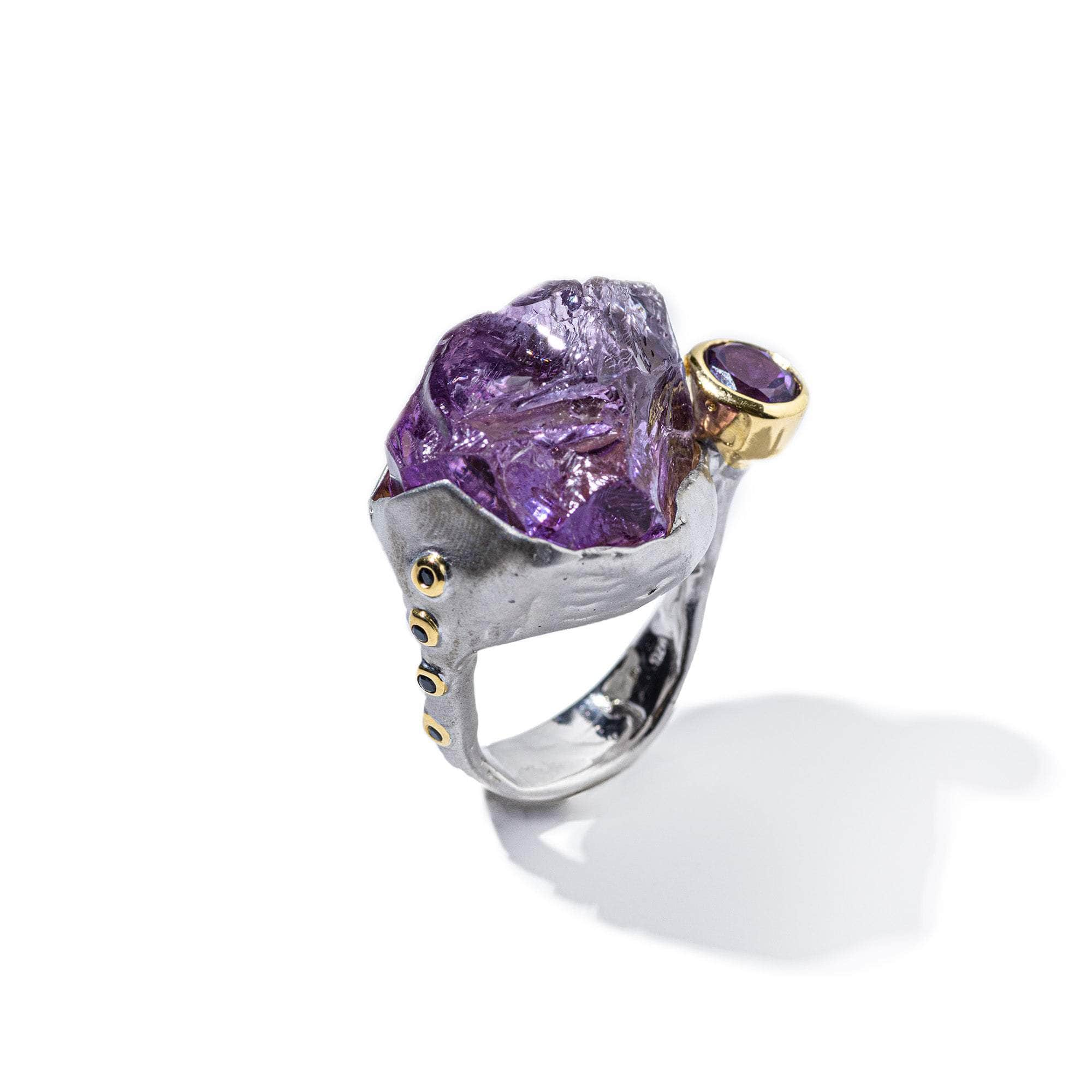 Kamen Rough Amethyst and Amethyst and Black Spinel Ring GERMAN KABIRSKI