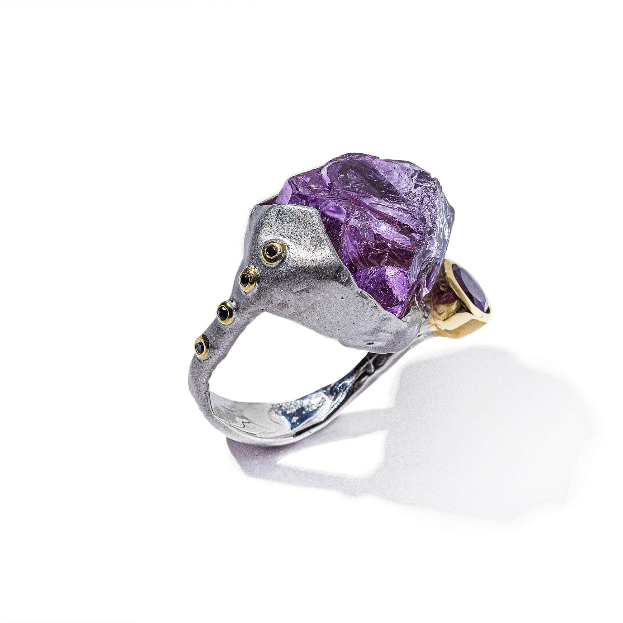 Kamen Rough Amethyst and Amethyst and Black Spinel Ring GERMAN KABIRSKI