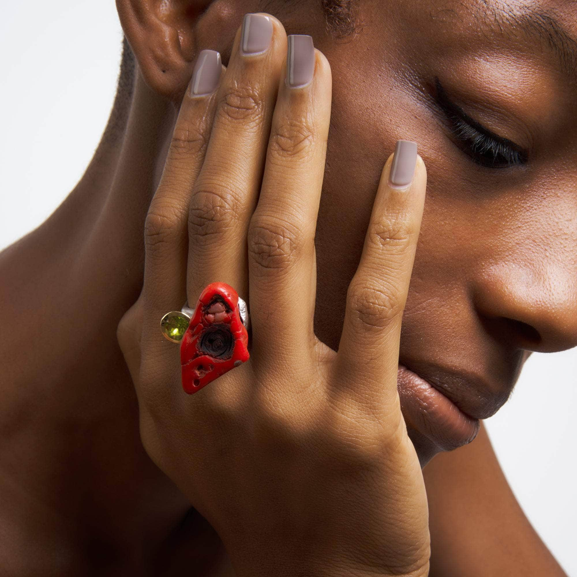 Selah Red Coral and Peridot Ring GERMAN KABIRSKI