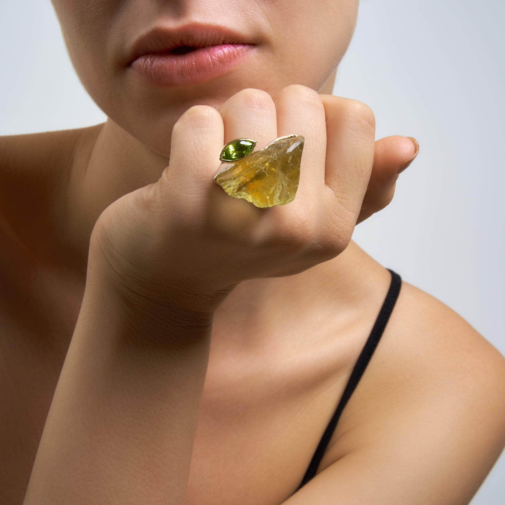 Asfar Rough Lemon Quartz and Peridot Ring GERMAN KABIRSKI