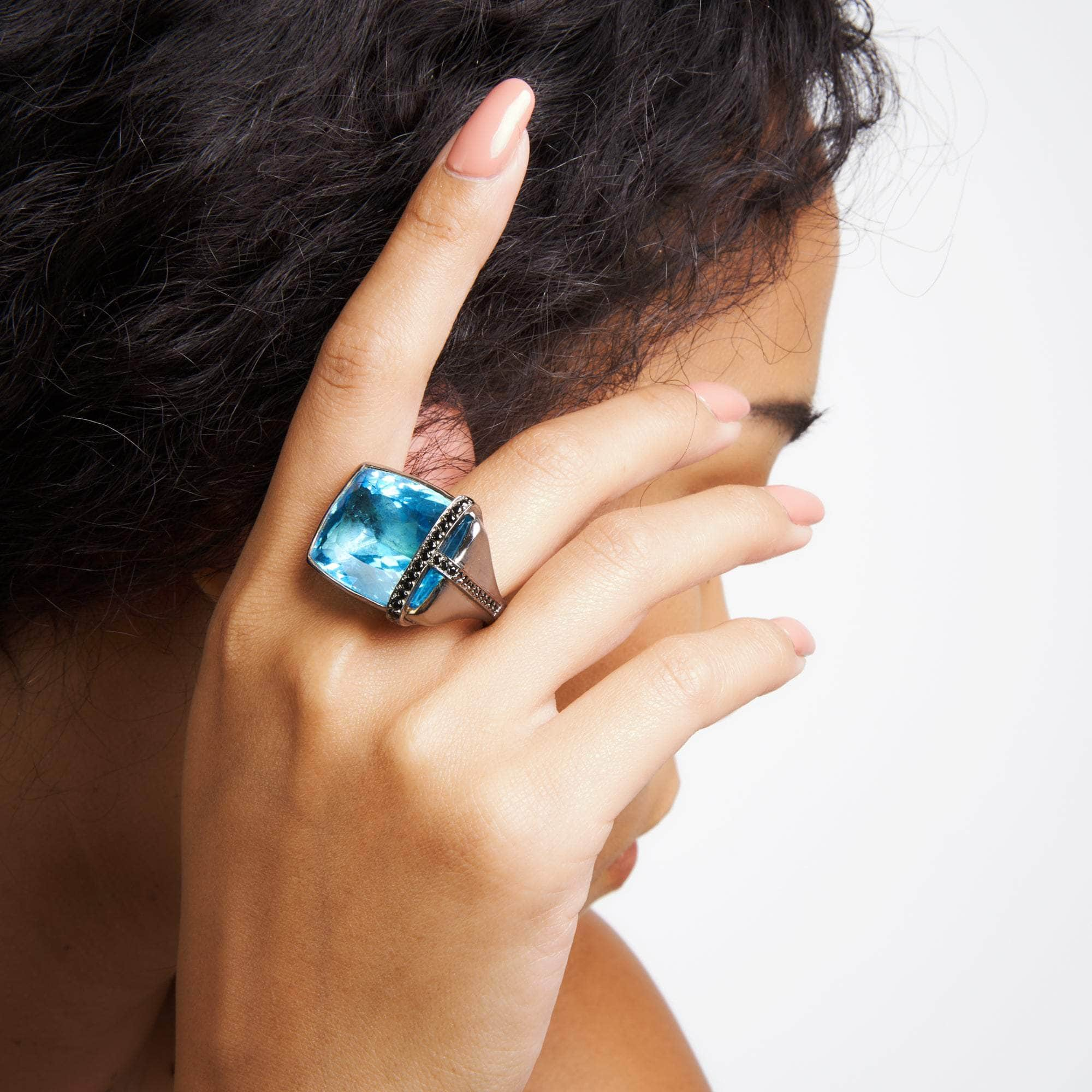 Joulu Swiss Blue Topaz and Black Spinel Ring GERMAN KABIRSKI