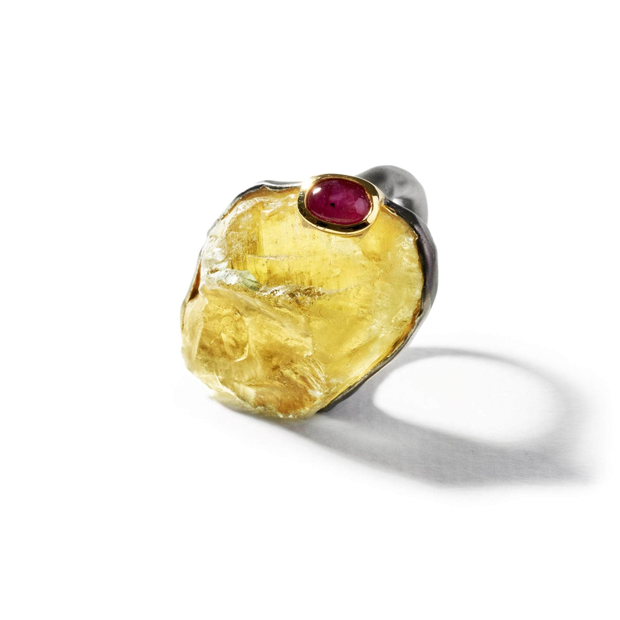 Myrto Rough Lemon Quartz and Ruby Ring GERMAN KABIRSKI