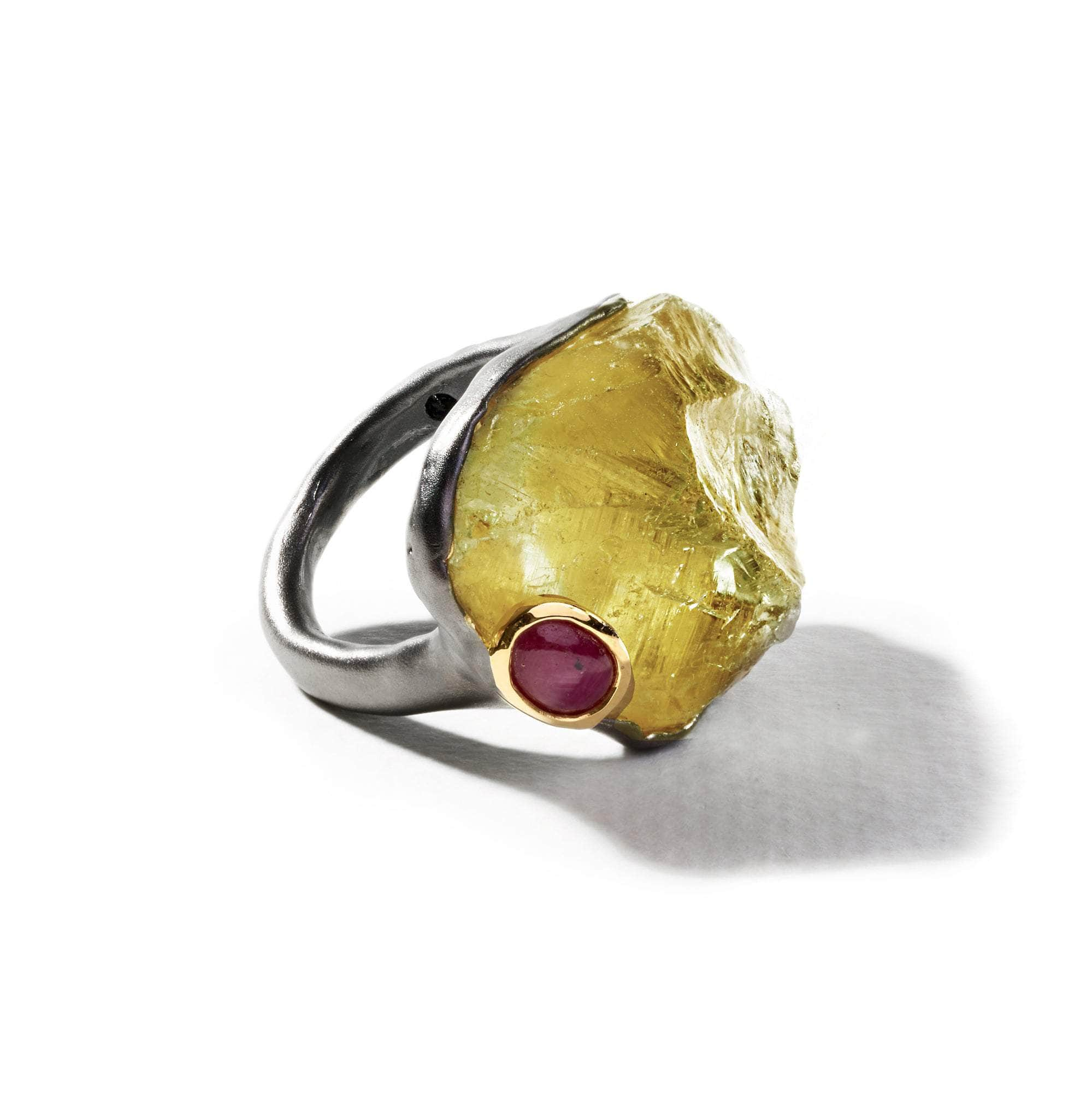 Myrto Rough Lemon Quartz and Ruby Ring GERMAN KABIRSKI