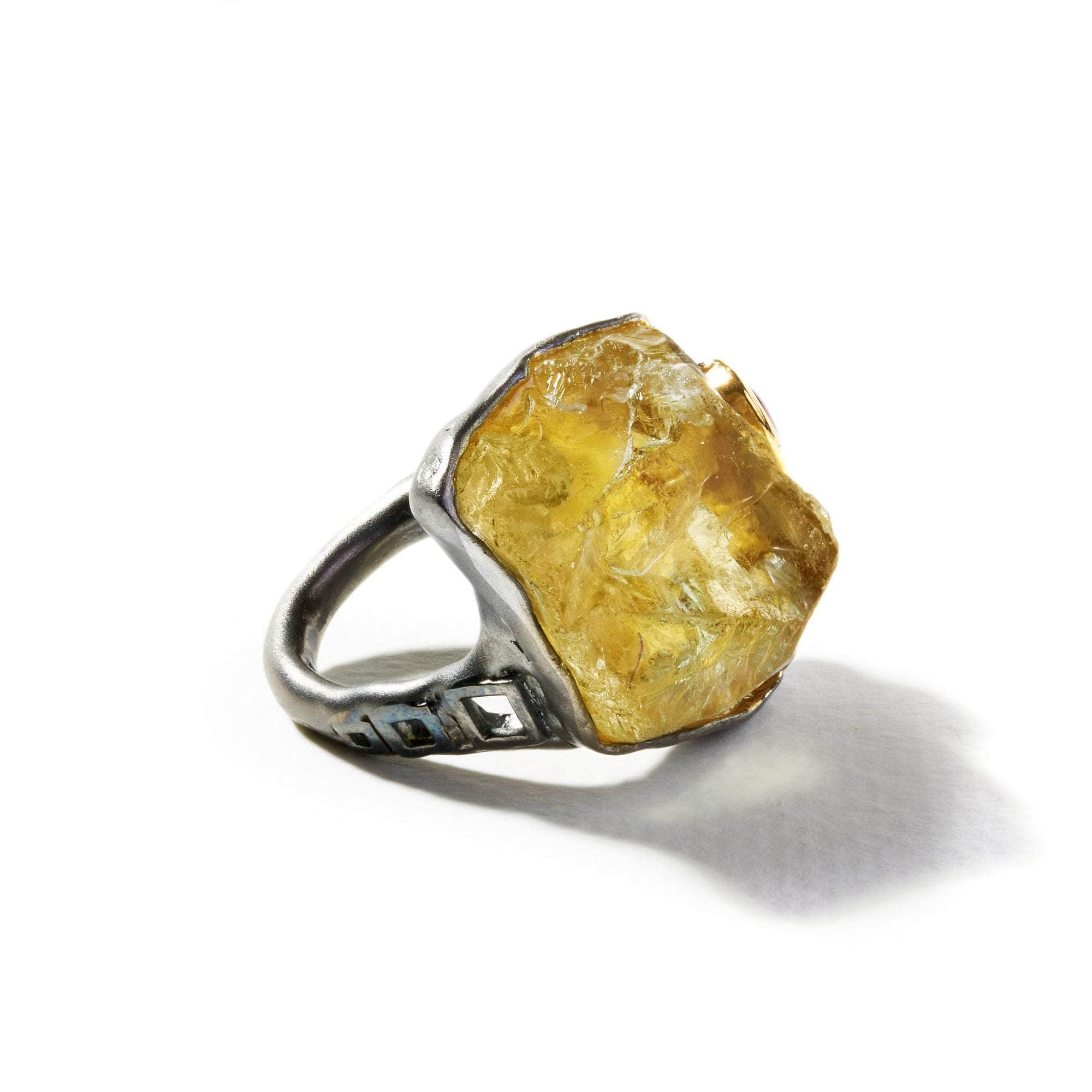 Myrto Rough Lemon Quartz and Ruby Ring GERMAN KABIRSKI