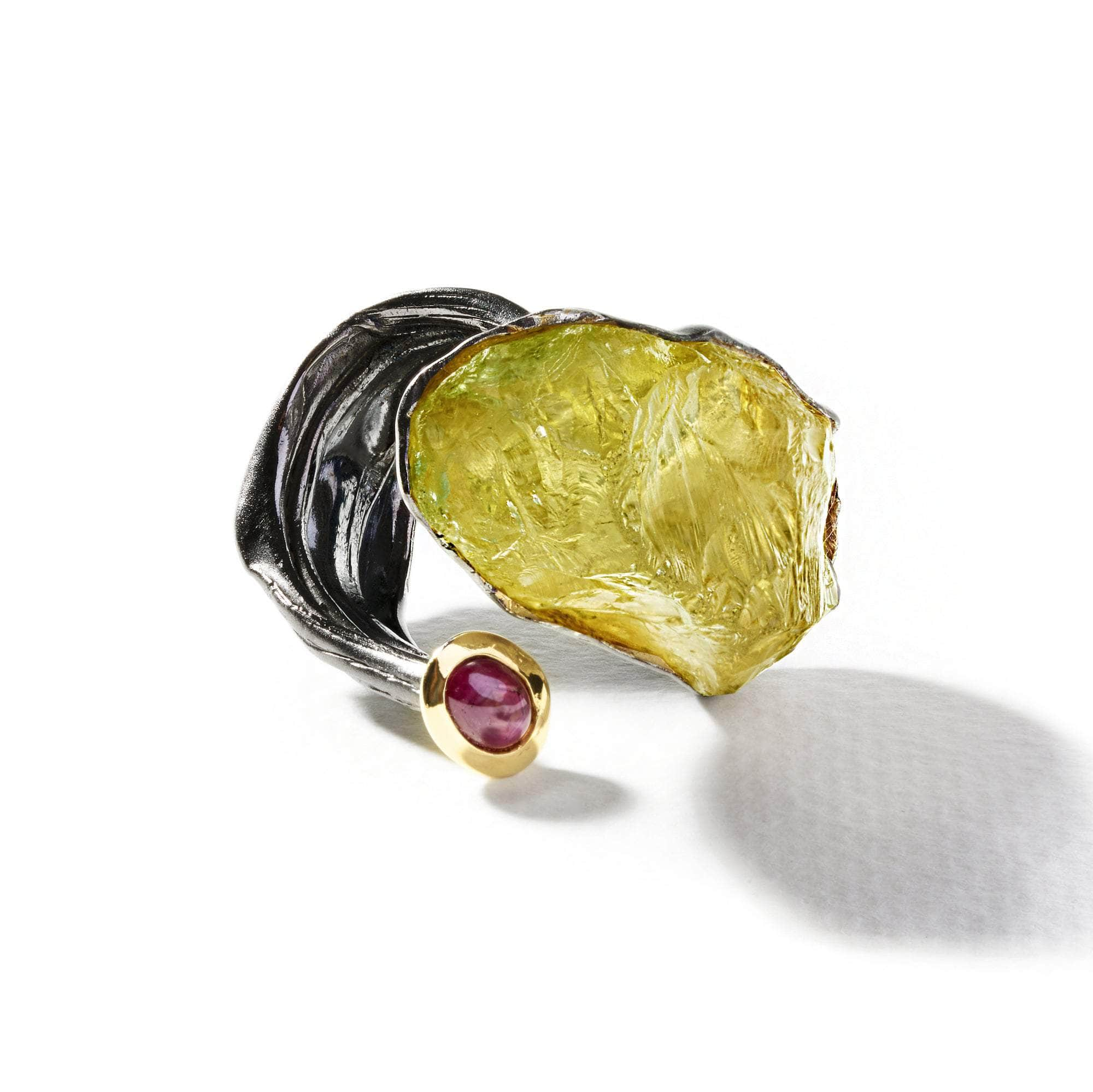 Kallisto Rough Lemon Quartz and Ruby Ring GERMAN KABIRSKI