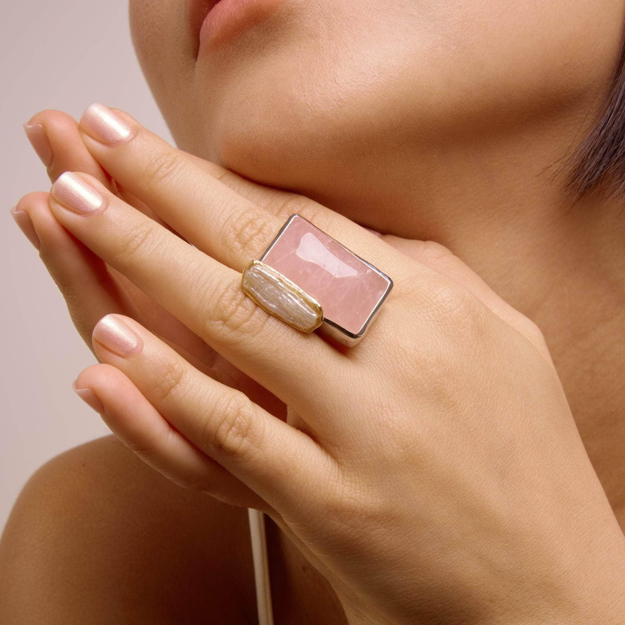 Dearo Rose Quartz and Keshi Pearl Ring GERMAN KABIRSKI