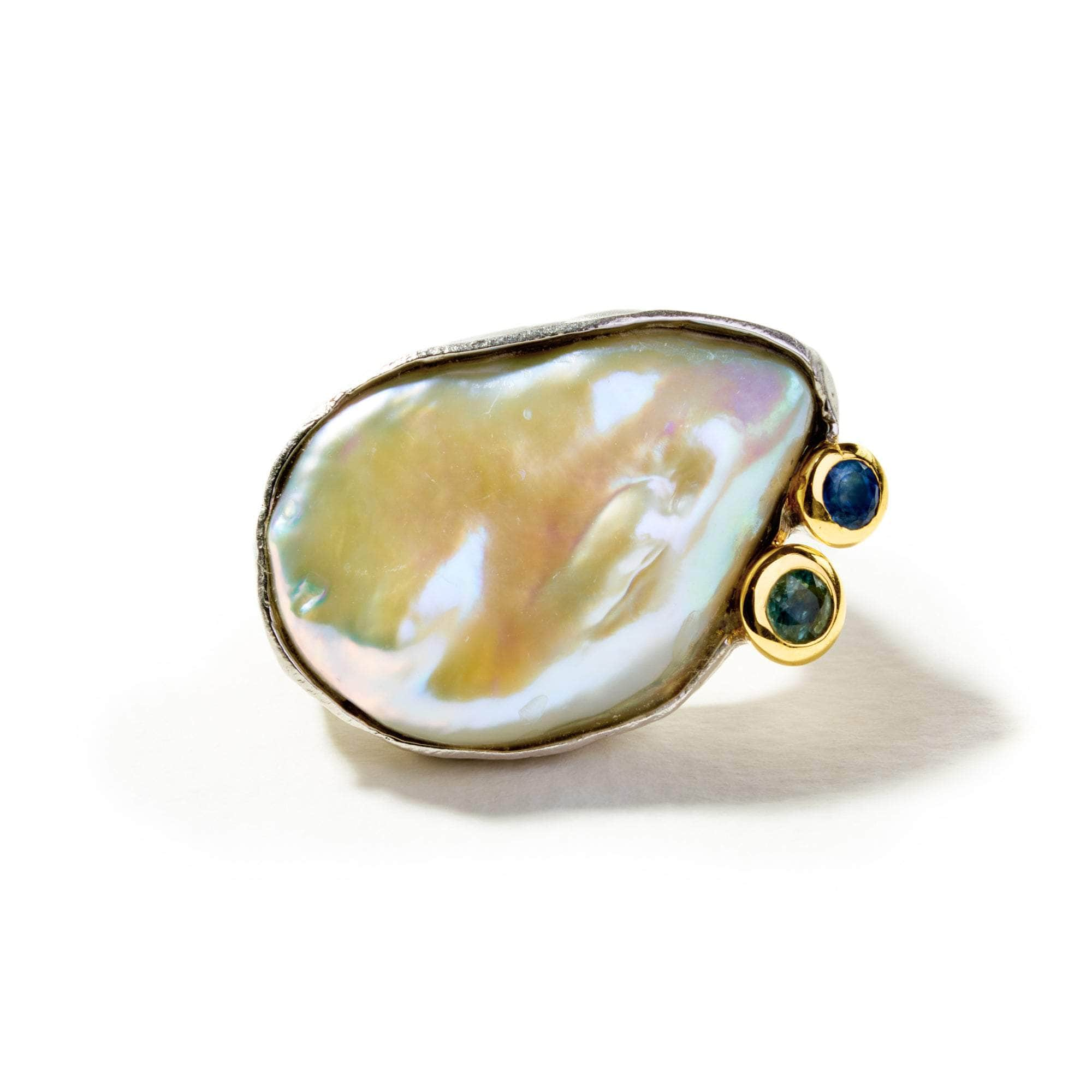 Coiza Baroque Pearl and Blue Sapphire and Green Sapphire Ring GERMAN KABIRSKI