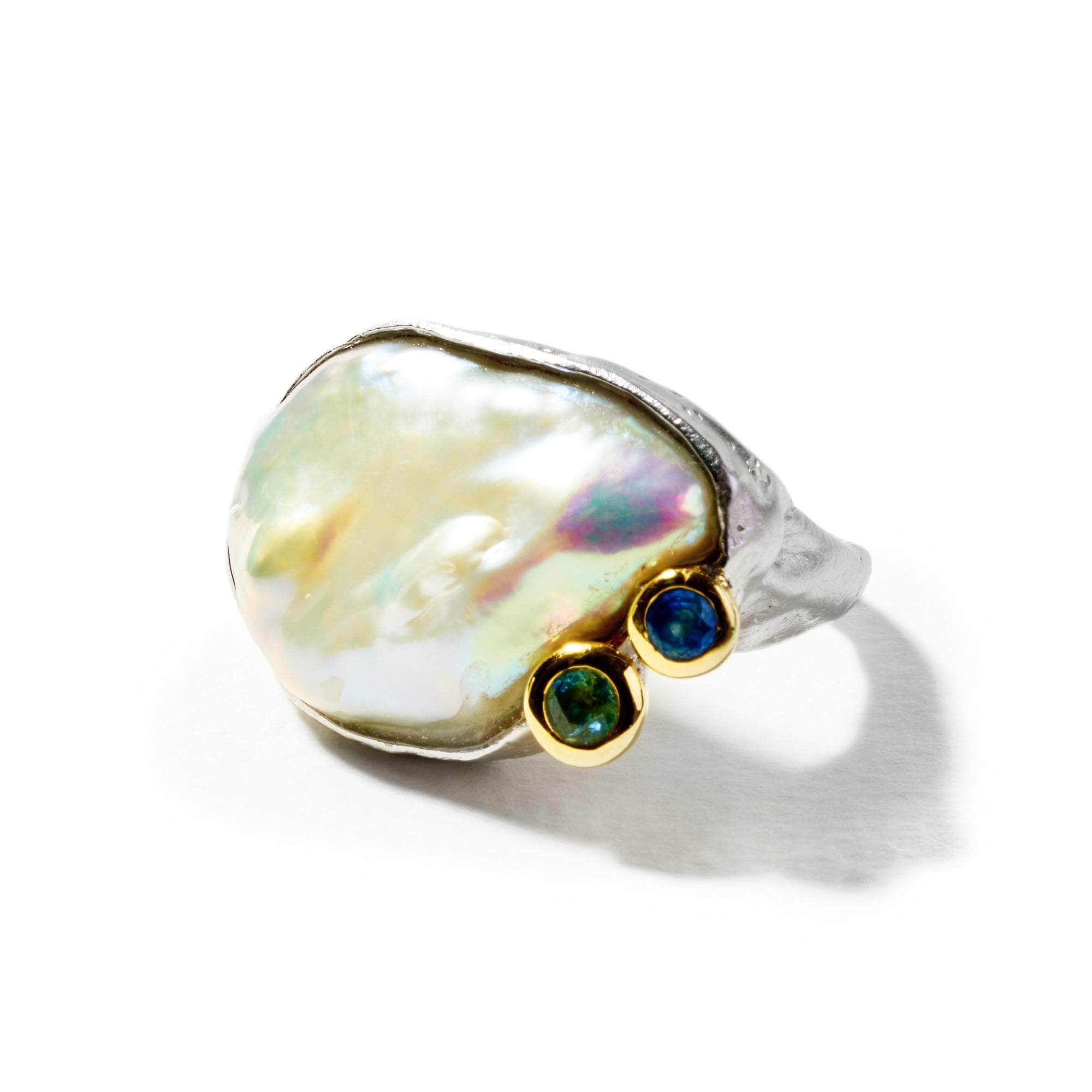 Coiza Baroque Pearl and Blue Sapphire and Green Sapphire Ring GERMAN KABIRSKI