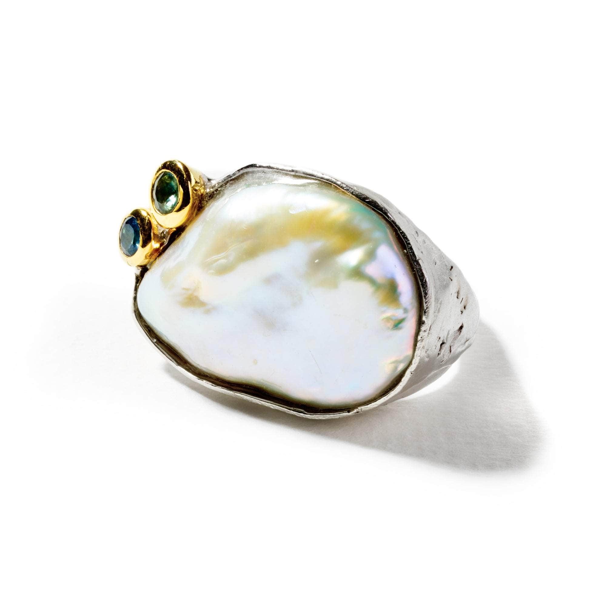 Coiza Baroque Pearl and Blue Sapphire and Green Sapphire Ring GERMAN KABIRSKI