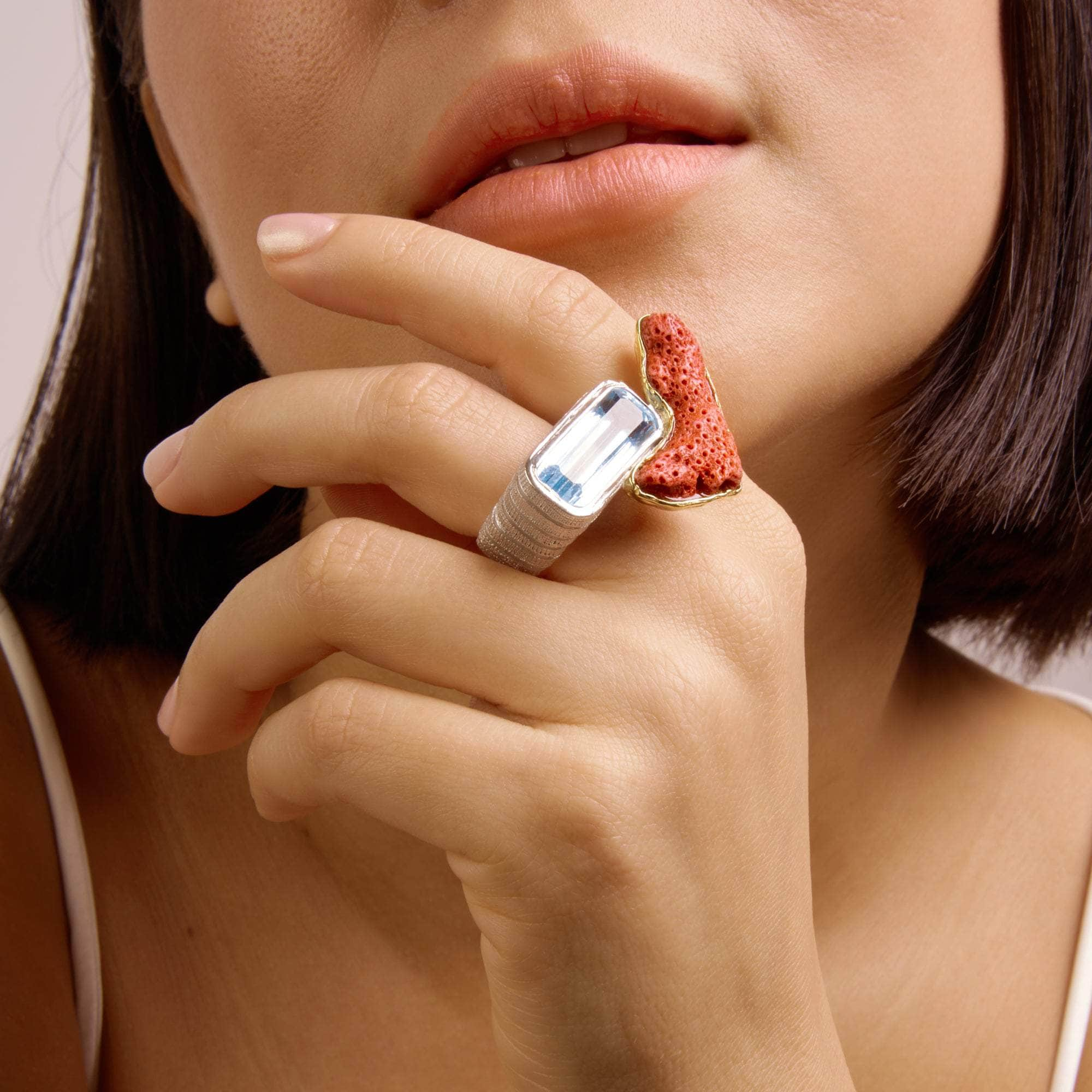 Chagall Red Coral and Blue Topaz Ring GERMAN KABIRSKI