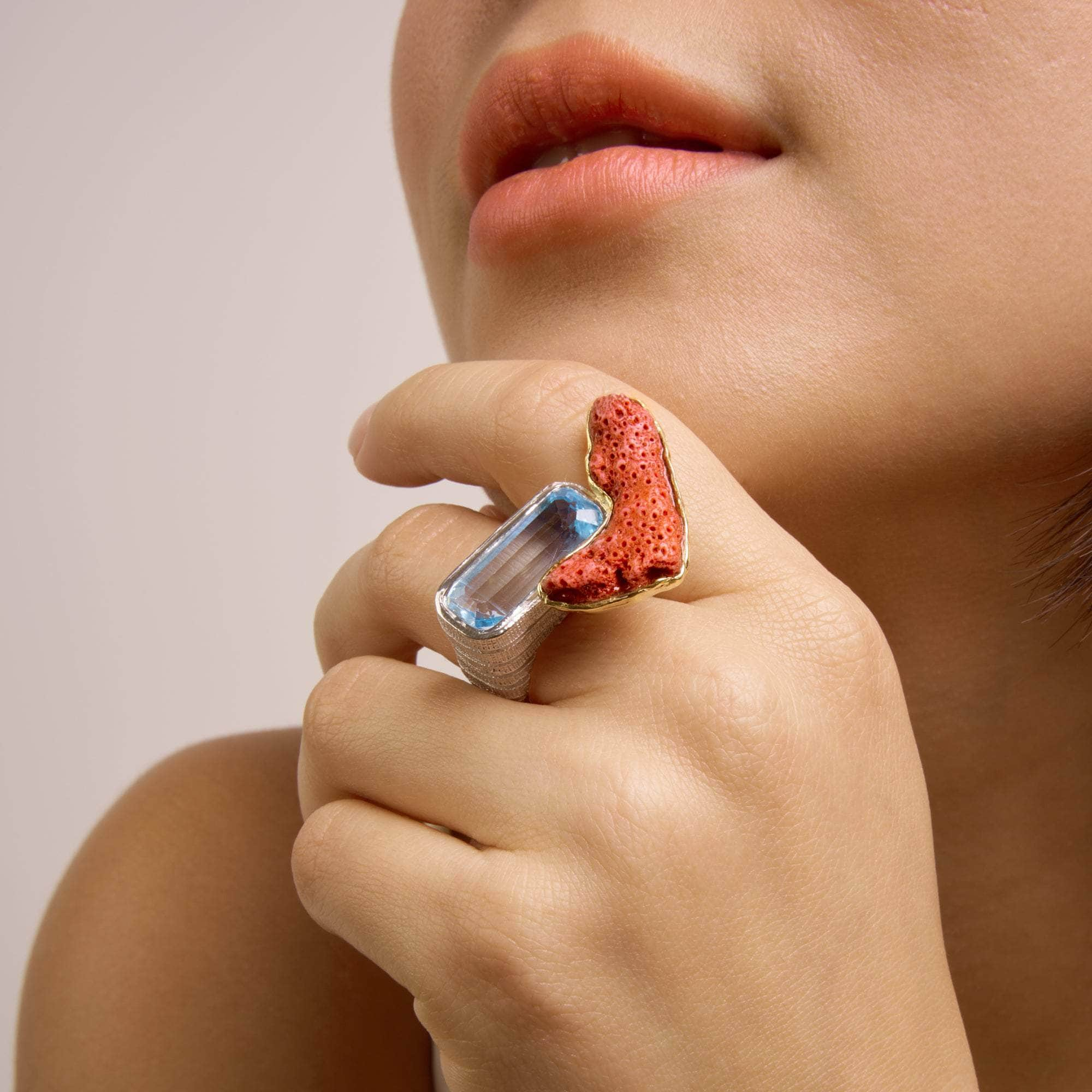 Chagall Red Coral and Blue Topaz Ring GERMAN KABIRSKI