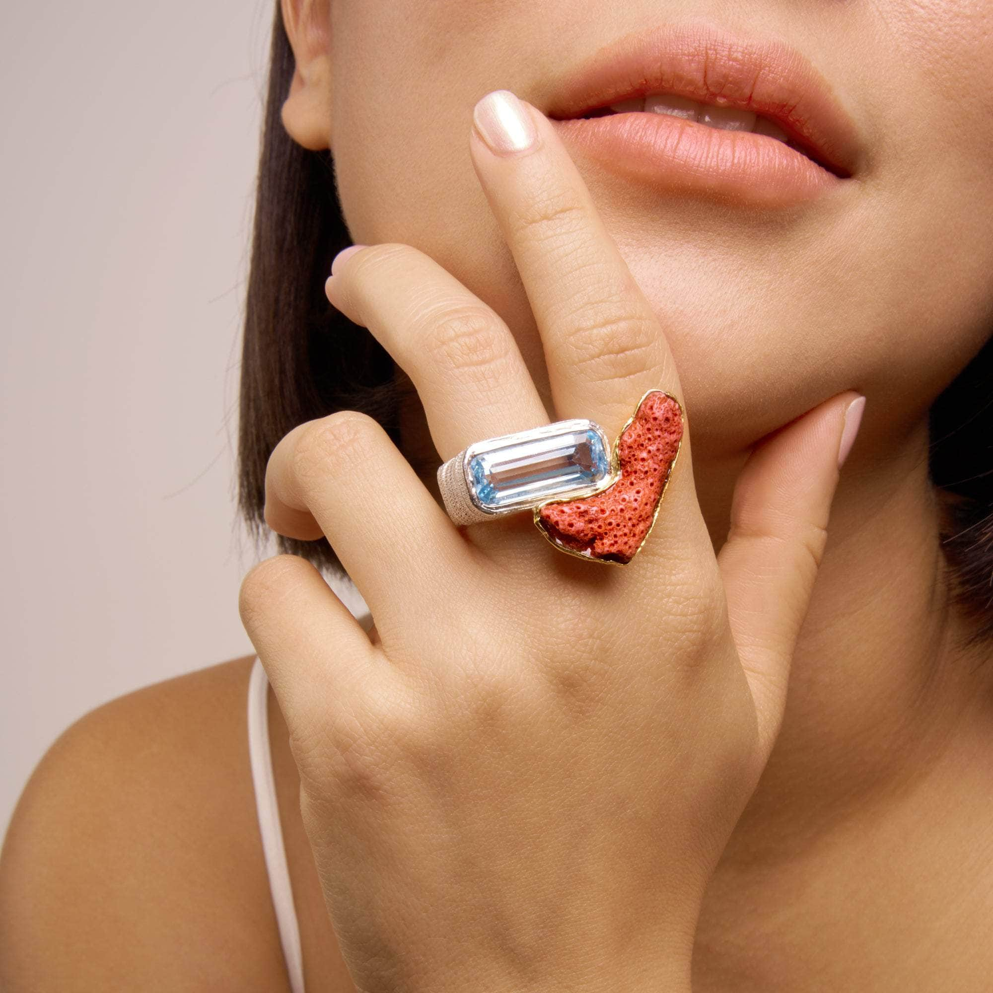 Chagall Red Coral and Blue Topaz Ring GERMAN KABIRSKI