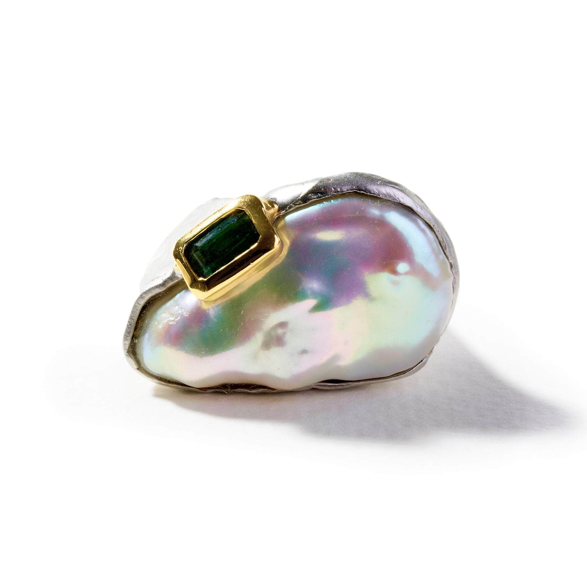 Nacr Baroque Pearl and Green Tourmaline and Black Spinel Ring GERMAN KABIRSKI