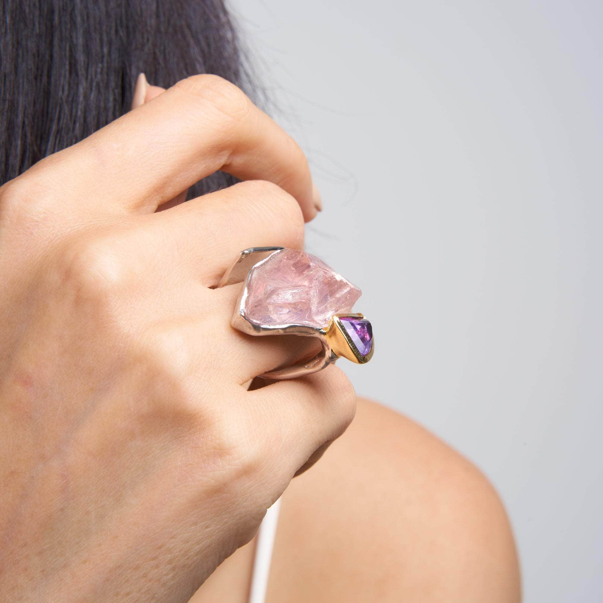 Peri Rough Rose Quartz and Amethyst Ring GERMAN KABIRSKI