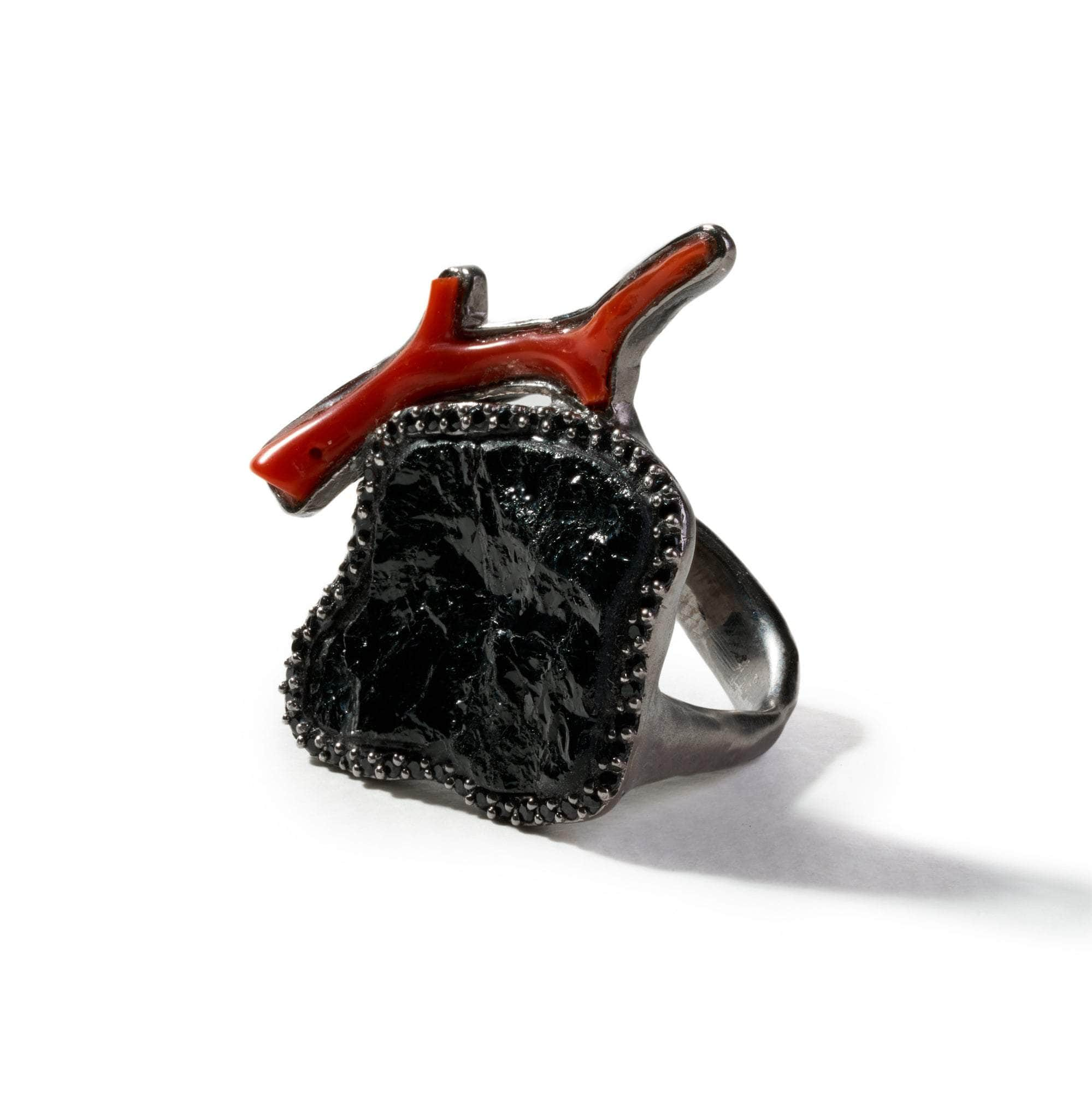 Balla Black Tourmaline and Red Coral and Black Spinel Ring GERMAN KABIRSKI