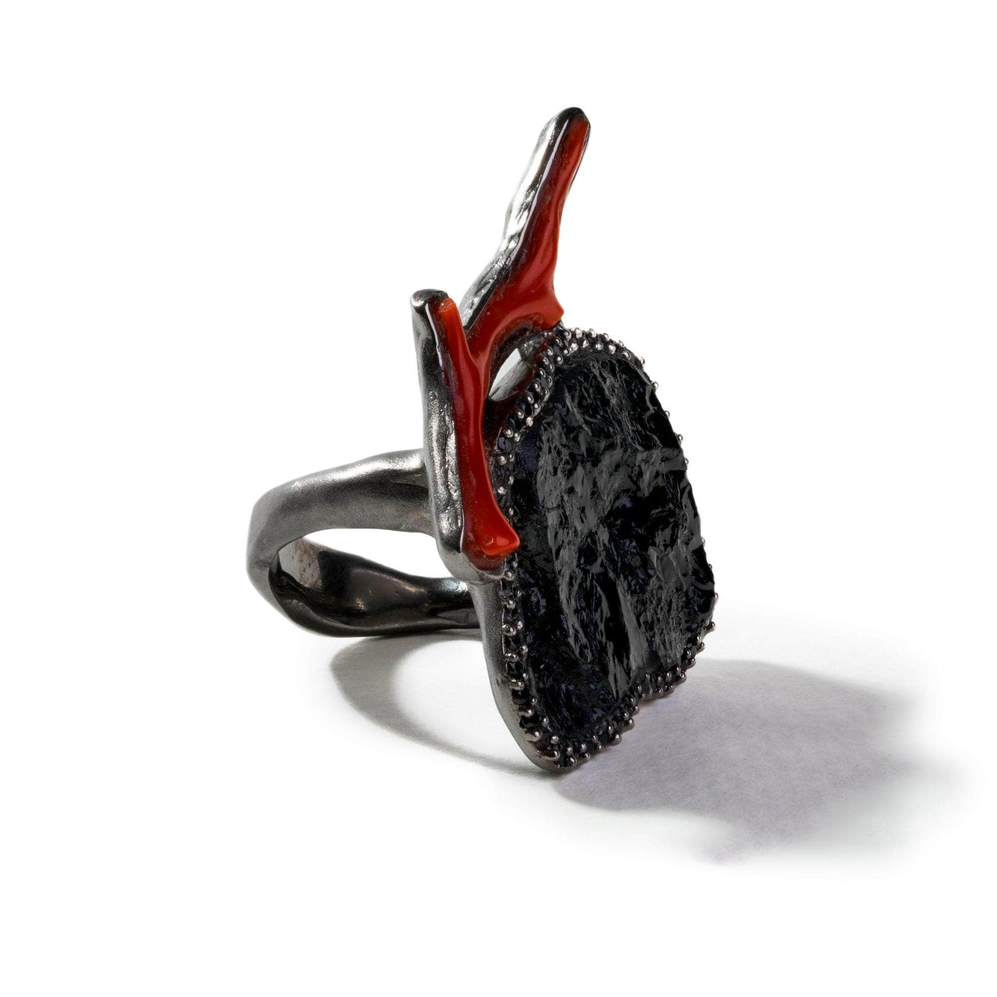 Balla Black Tourmaline and Red Coral and Black Spinel Ring GERMAN KABIRSKI