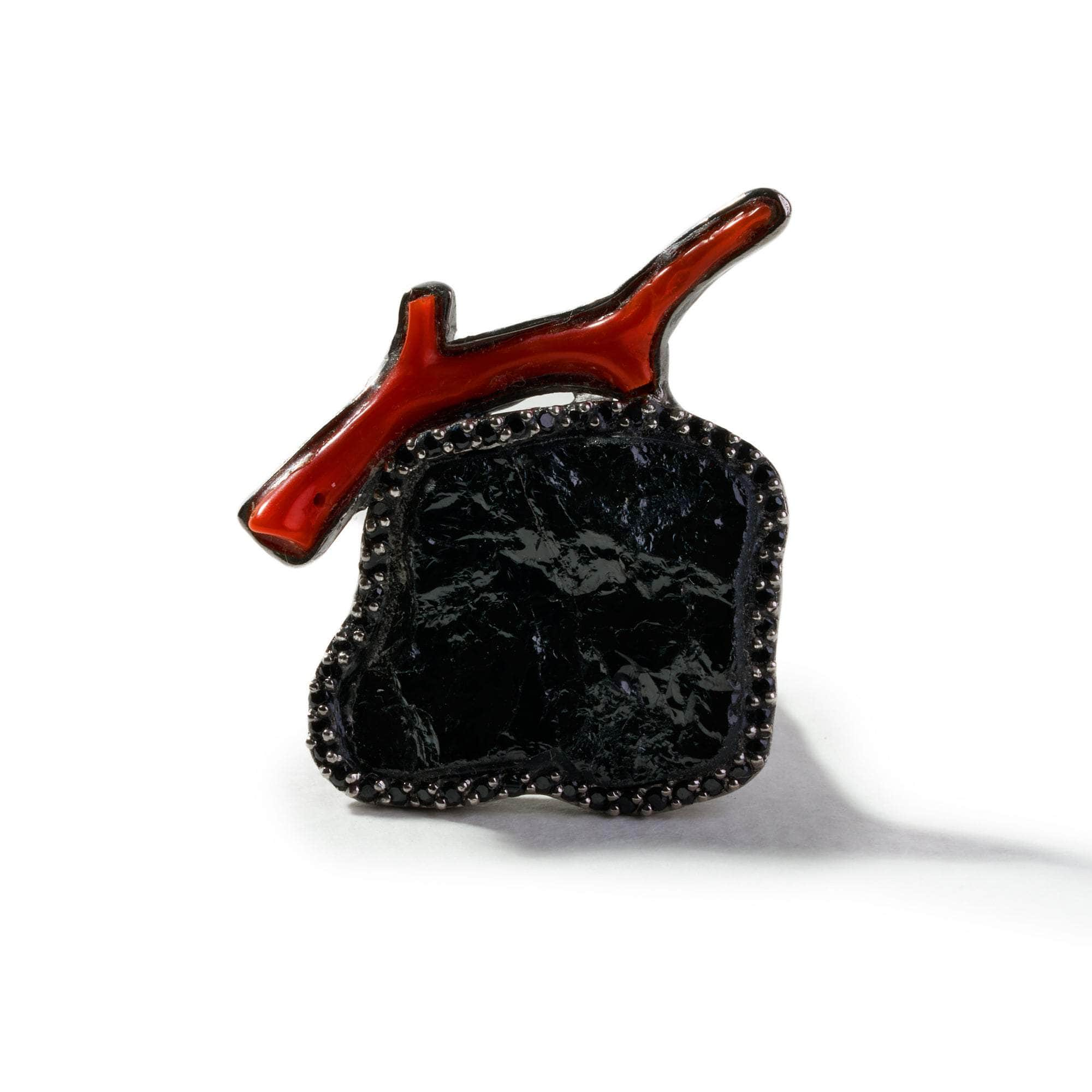 Balla Black Tourmaline and Red Coral and Black Spinel Ring GERMAN KABIRSKI