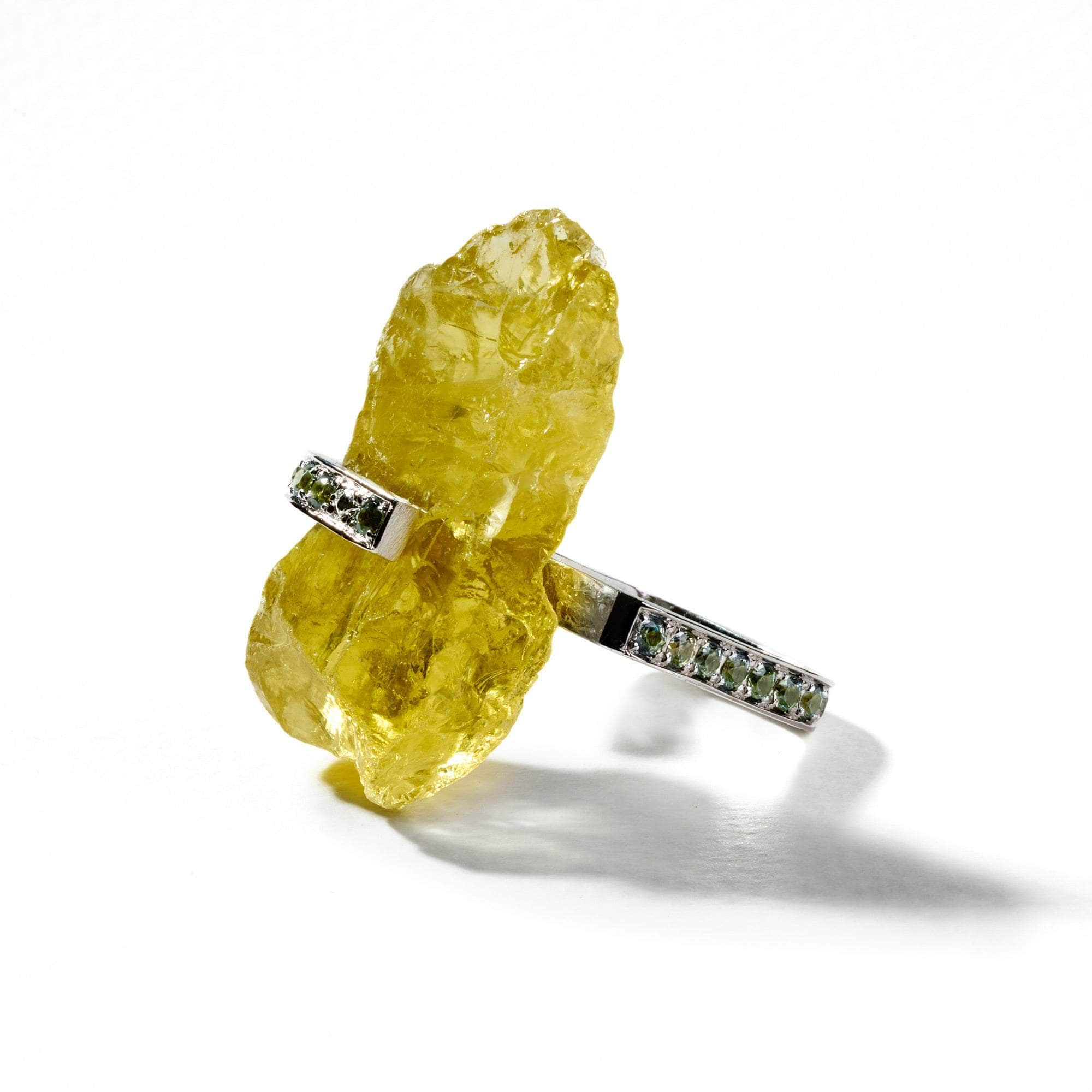 Sekh Rough Lemon Quartz and Green Sapphire Ring GERMAN KABIRSKI