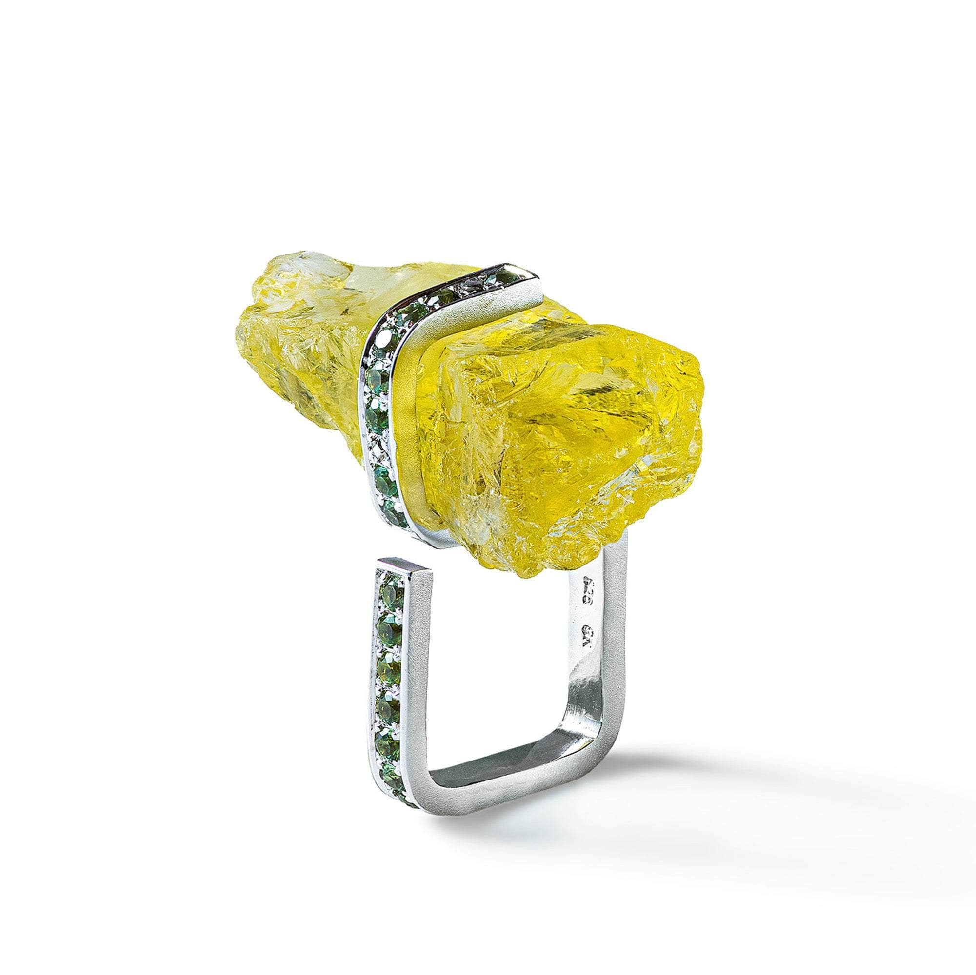 Sekh Rough Lemon Quartz and Green Sapphire Ring GERMAN KABIRSKI