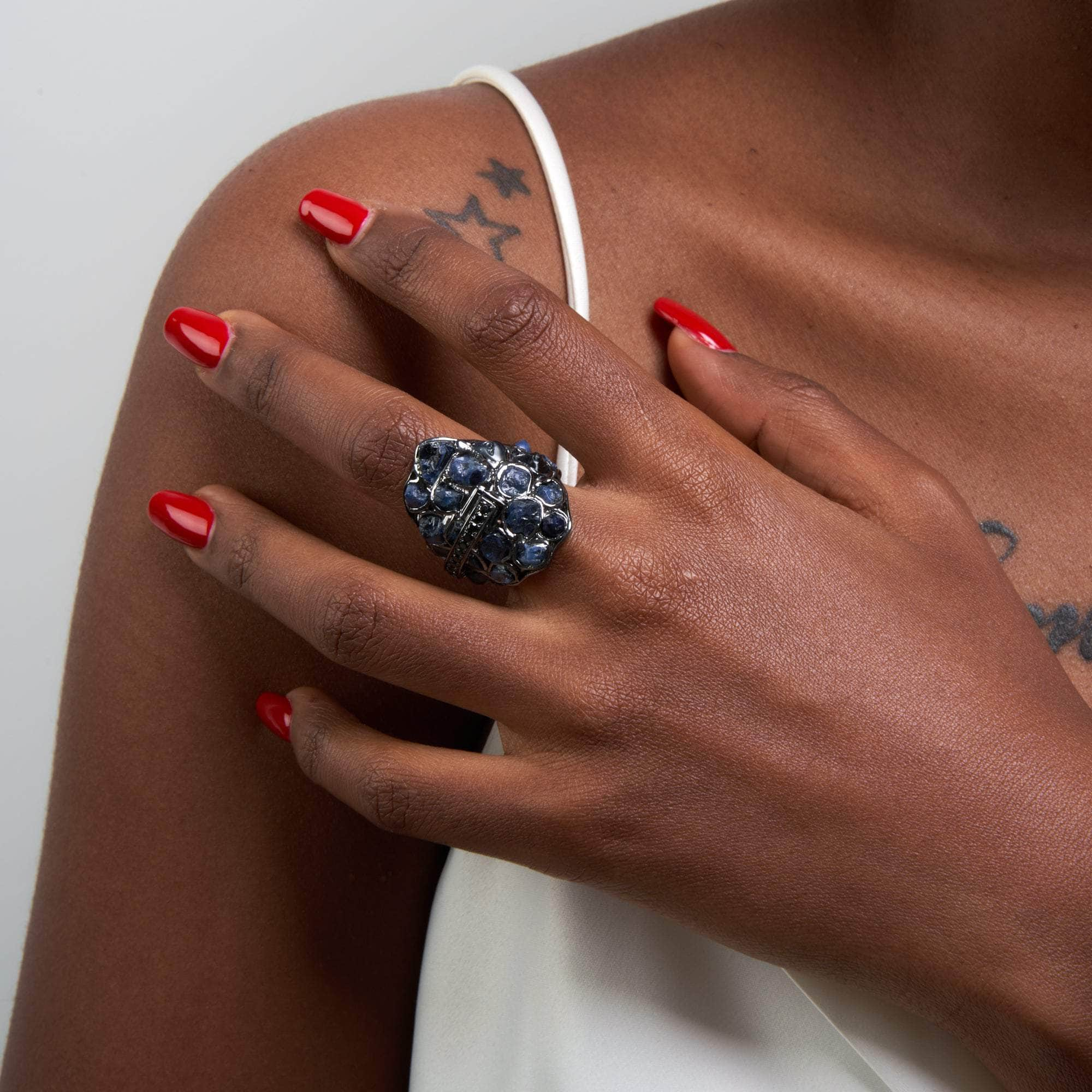 Varro Rough Blue Sapphire and Black Spinel Ring GERMAN KABIRSKI