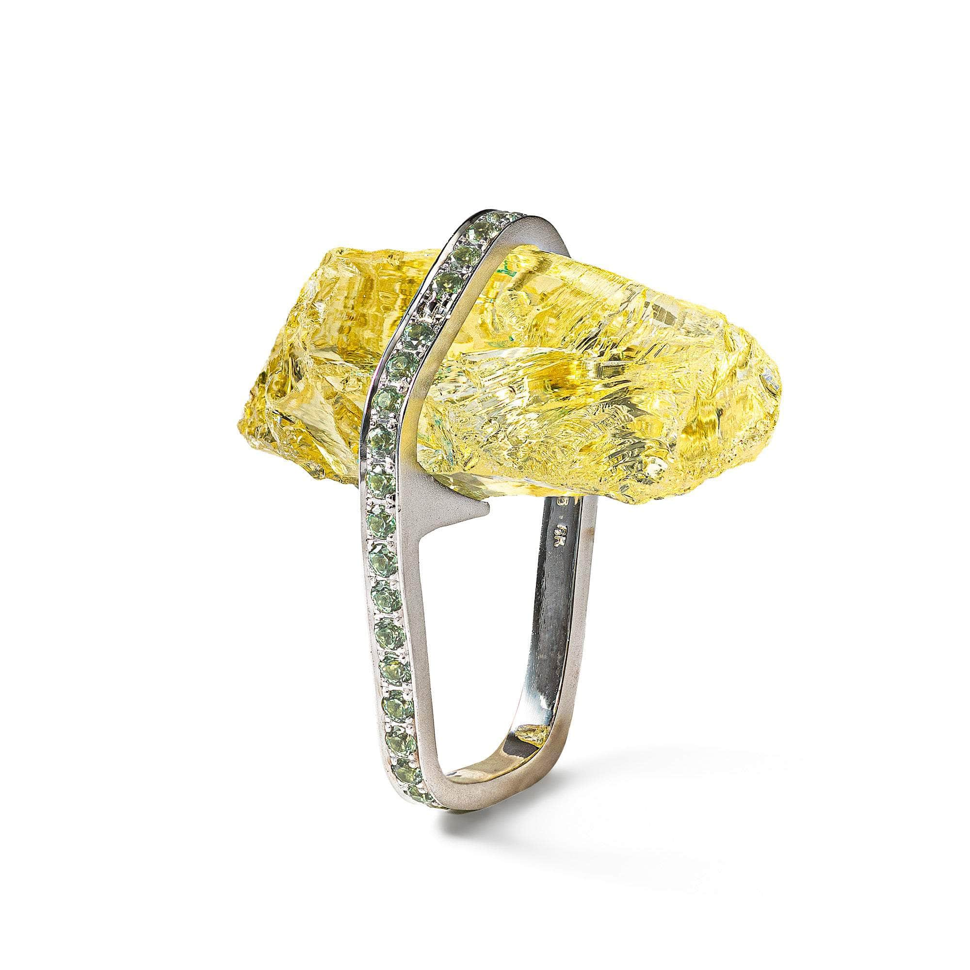 Myan Rough Lemon Quartz and Green Sapphire Ring GERMAN KABIRSKI