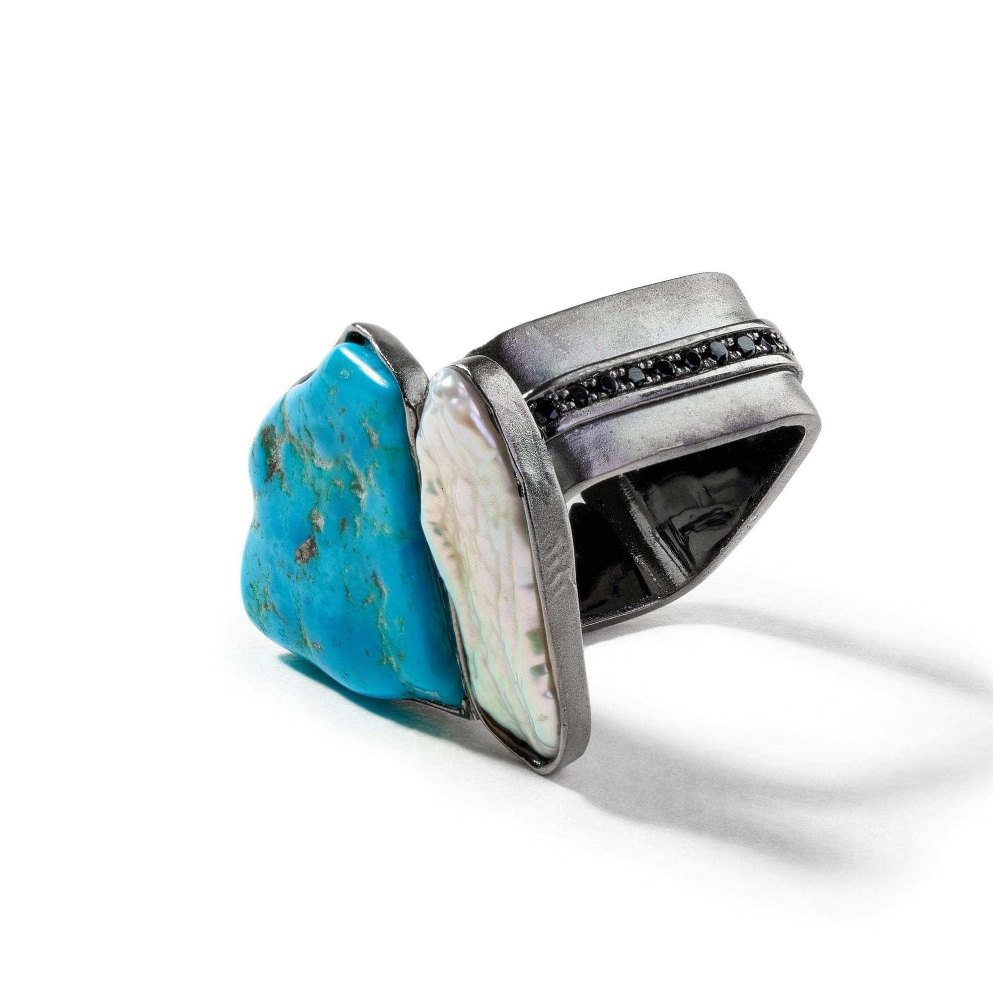 Ikaru Keshi Pearl and Rough Turquoise and Black Spinel Ring GERMAN KABIRSKI