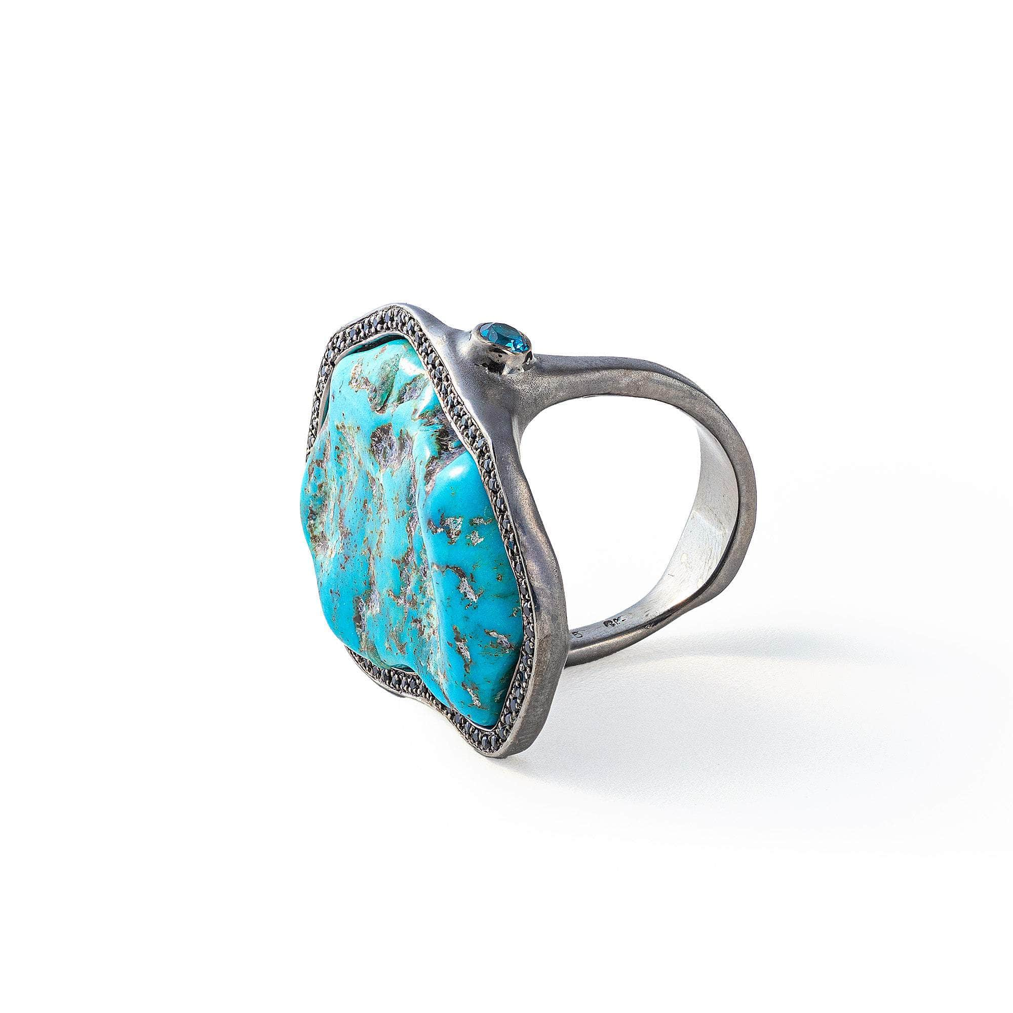 Deto Rough Turquoise and London Blue Topaz and Black Spinel Ring GERMAN KABIRSKI