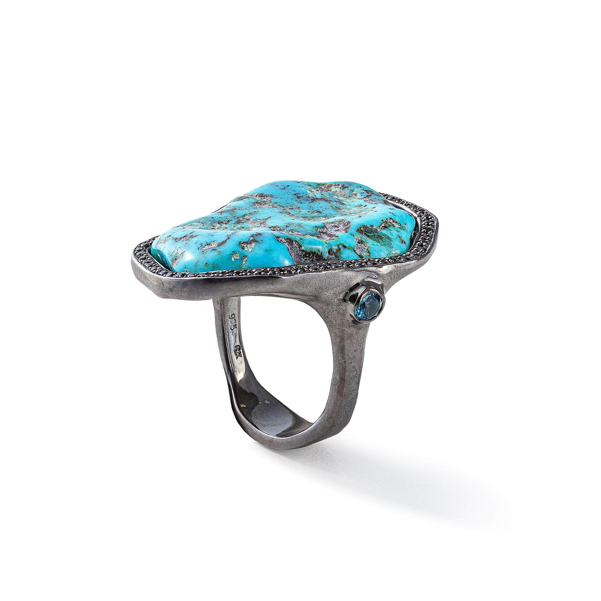 Deto Rough Turquoise and London Blue Topaz and Black Spinel Ring GERMAN KABIRSKI