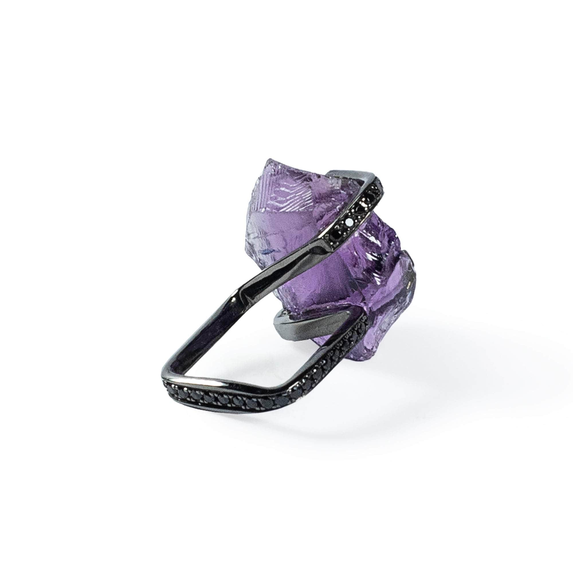 Baree Singular Chunky Rough Amethyst and Black Spinel Ring in 925 Sterling Silver