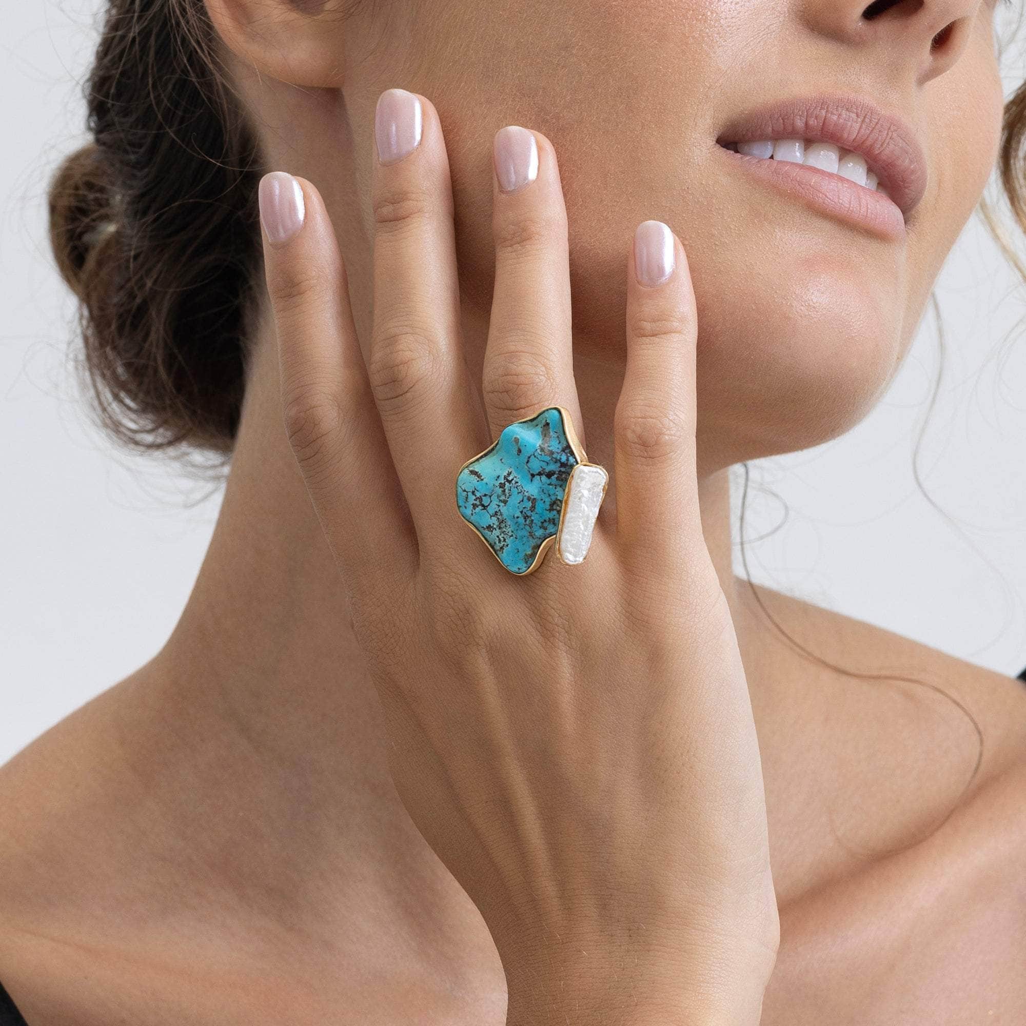 Hathori Rough Turquoise and Pearl Ring
