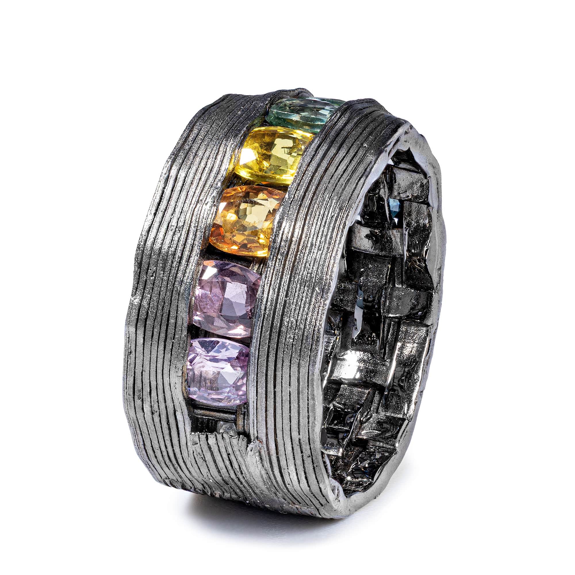 Agni Singular Edition Sterling Silver Ring With Natural Rainbow Sapphires