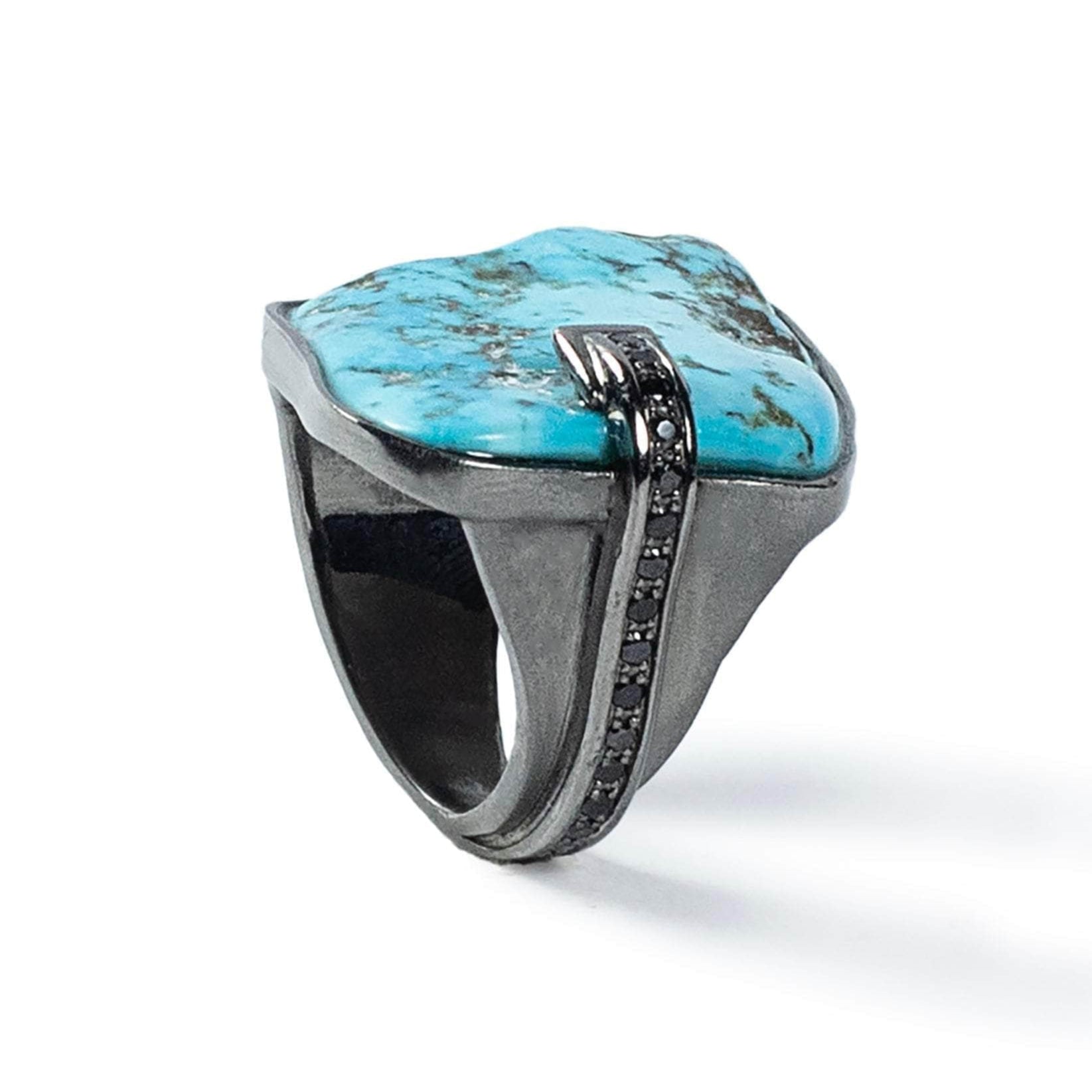 Ataeru Raw Chunky Turquoise & Black Spinel Singular Design Ring in 925 Silver